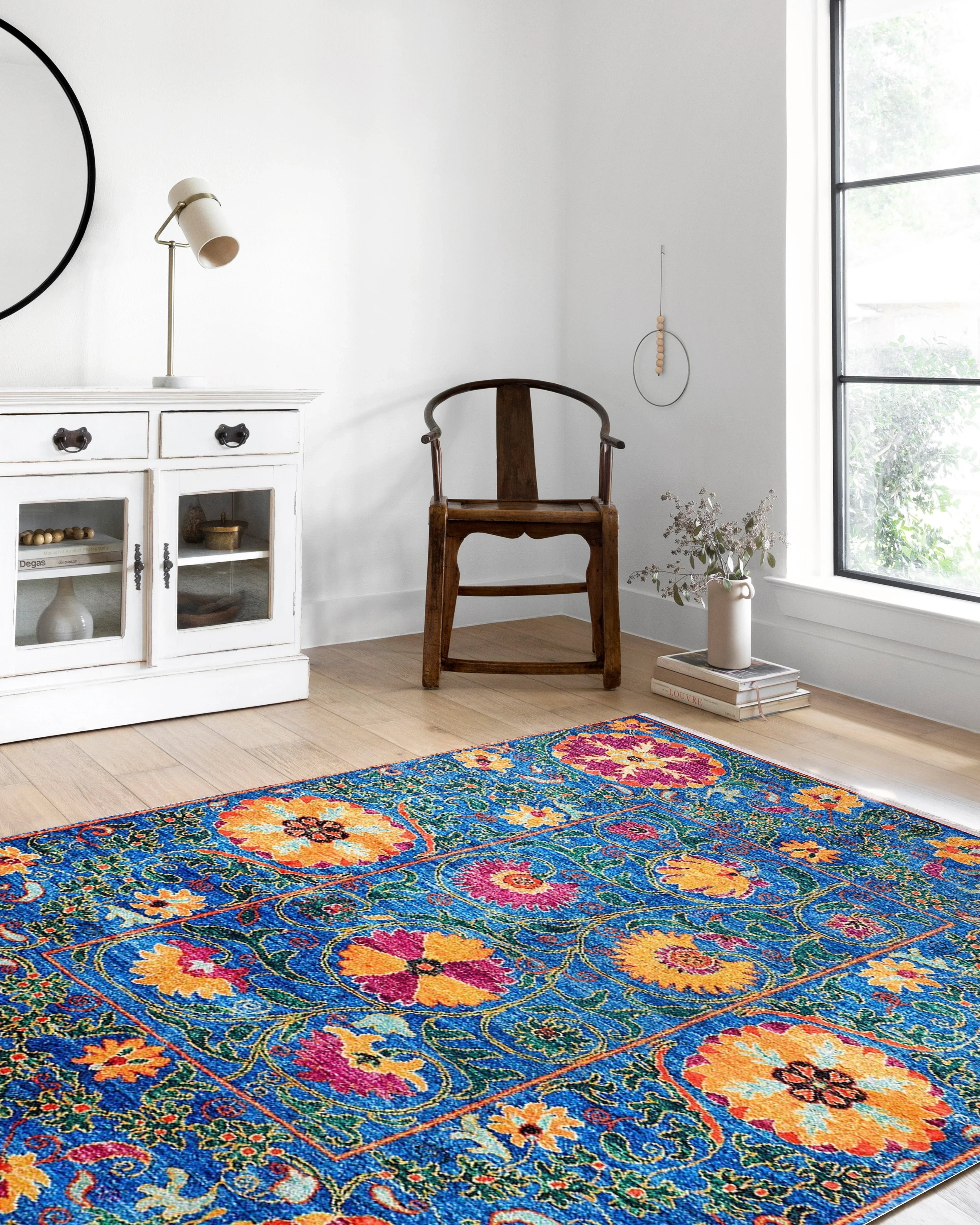 Mavi Gül Çiçekli Dekoratif Halı