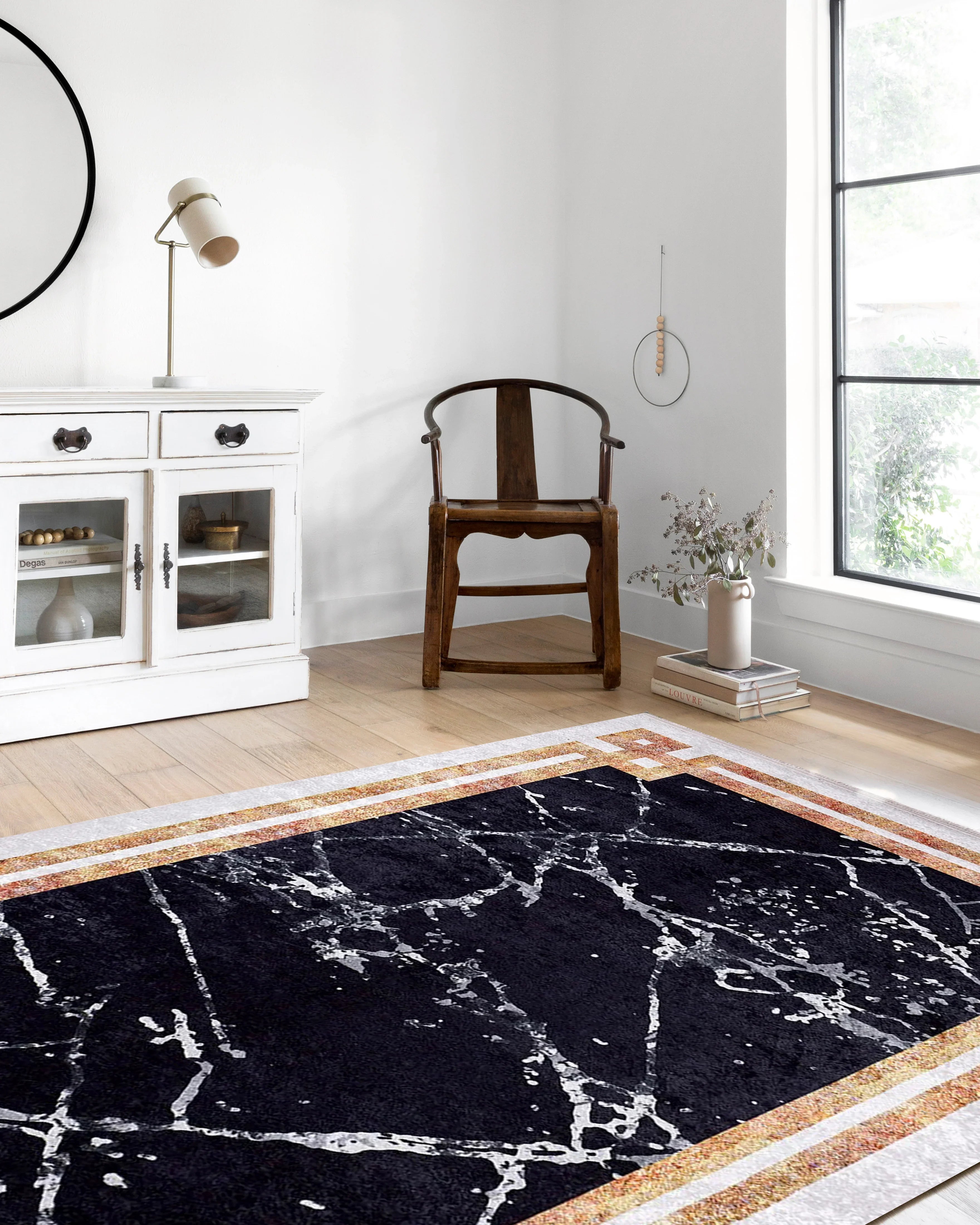 Siyah Beyaz Mermer Tarzı Kenarlı Geometrik Halı