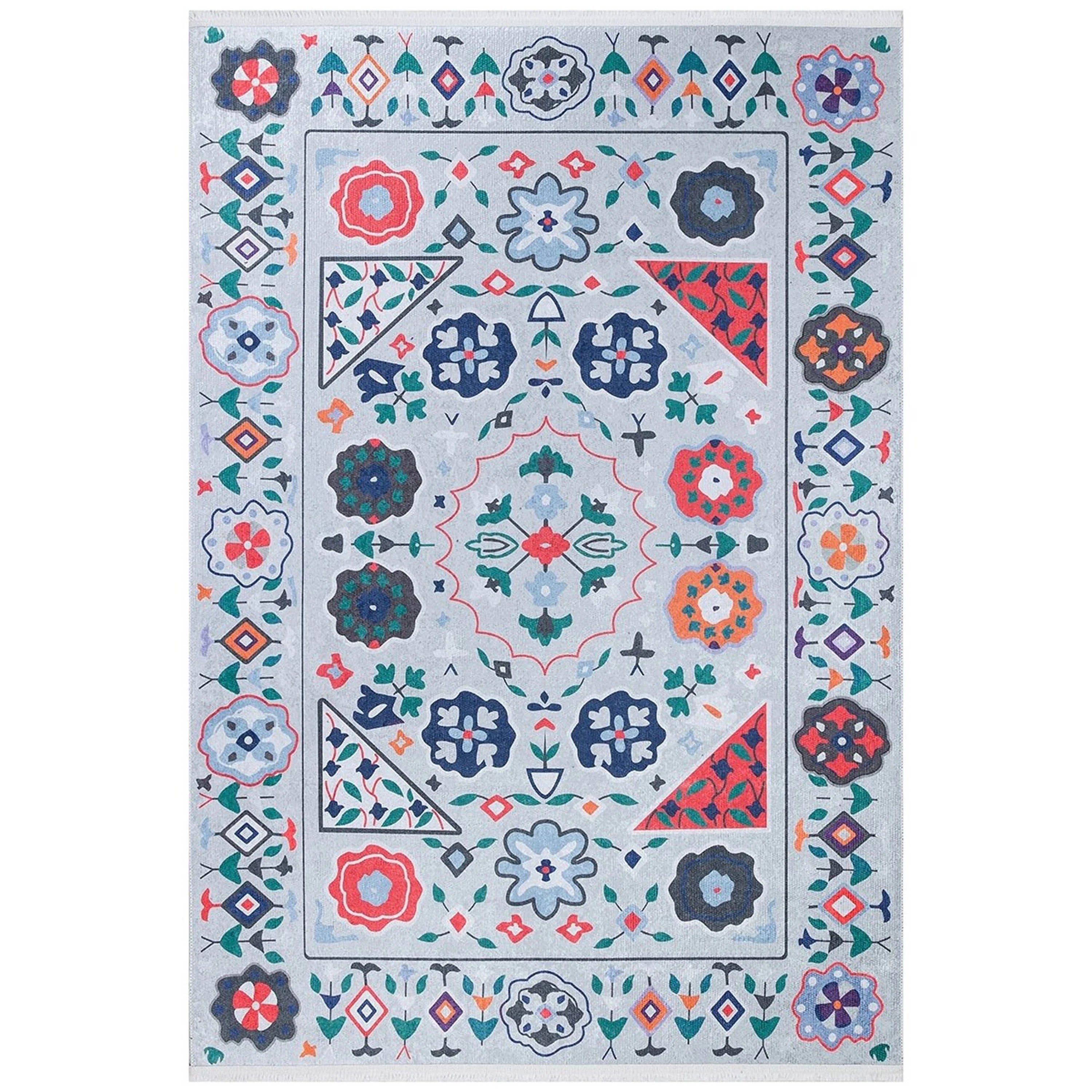 Açık Mavi Çok Renkli Çiçek Desenli Etnik Kilim Halı