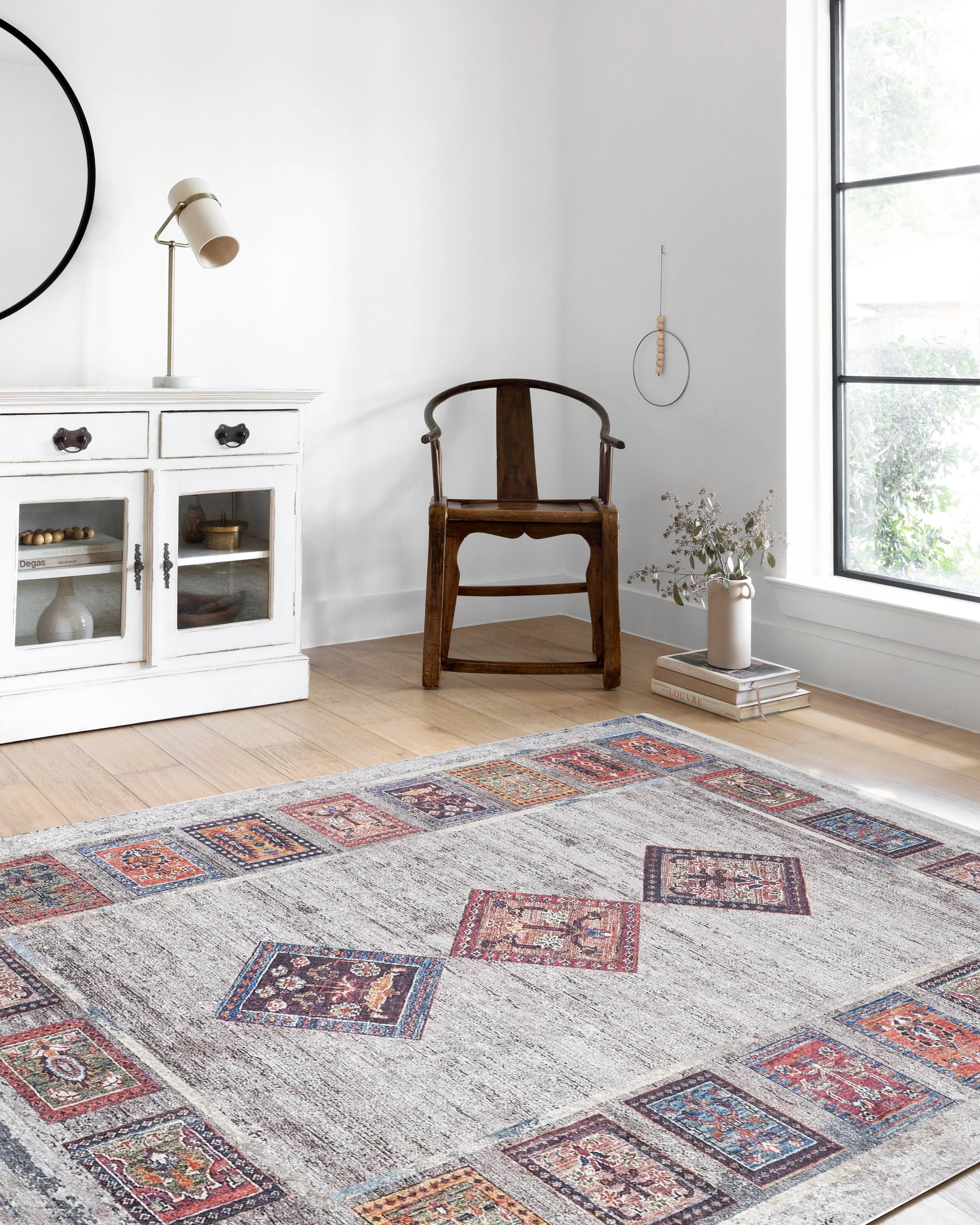 Açık Gri Antik Bohem Geometrik Desenli Halı