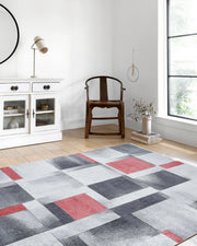 Gri Kırmızı Modern Geometrik Halı
