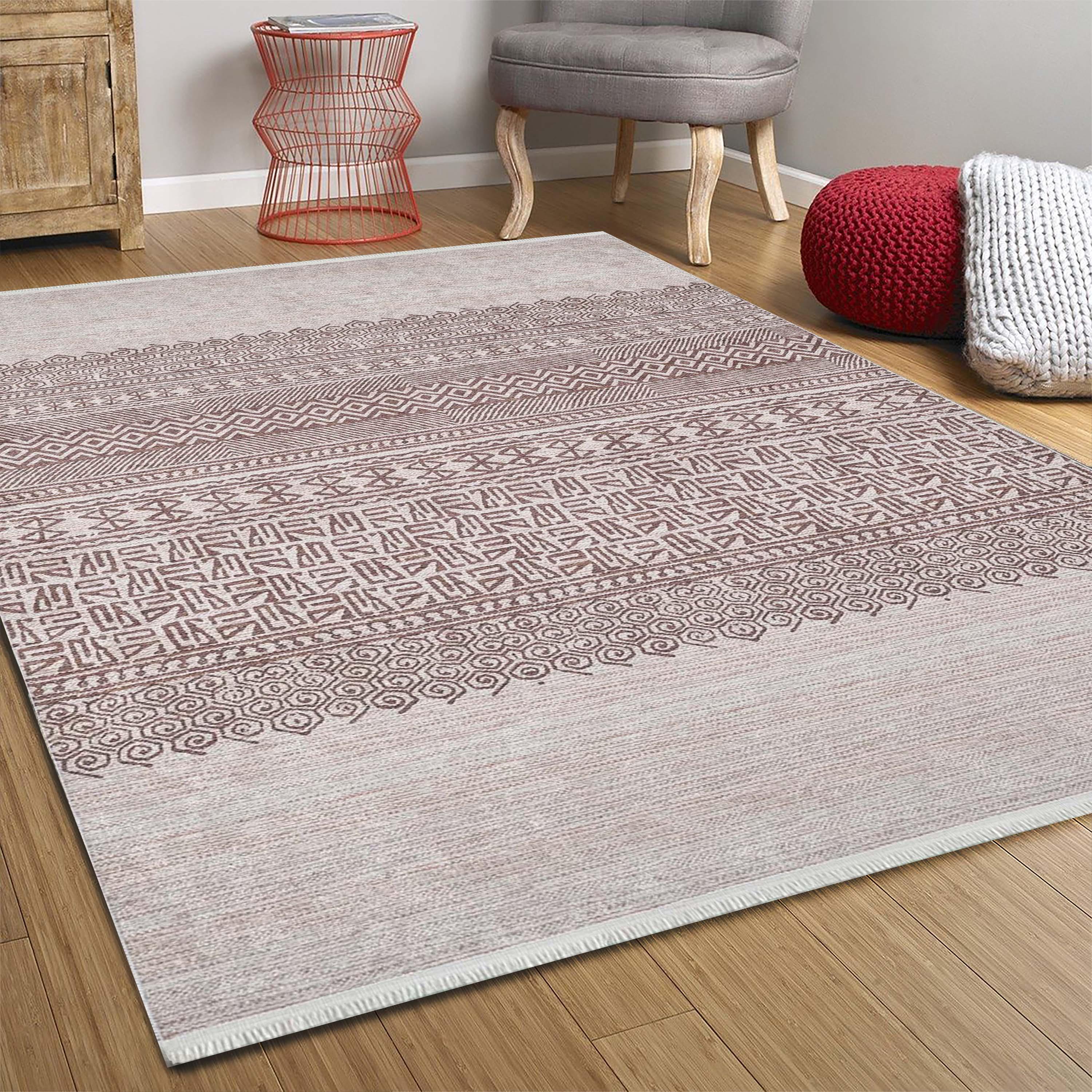 Bej Kahverengi Etnik Desenli Geometrik Anadolu Kilim Halı