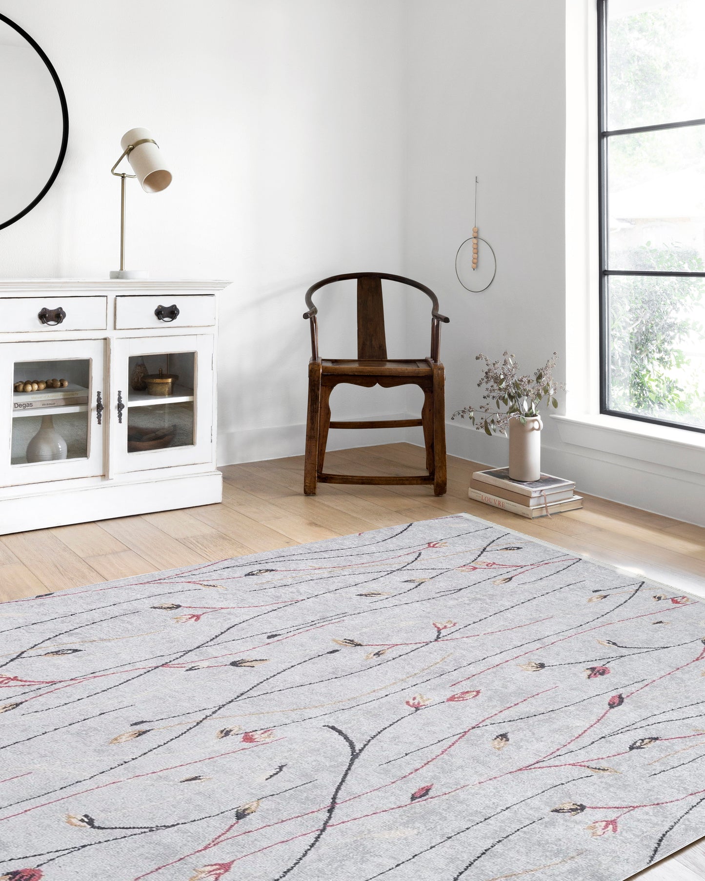 Gri Minimalist Çiçek Desenli Halı - Pera Halı