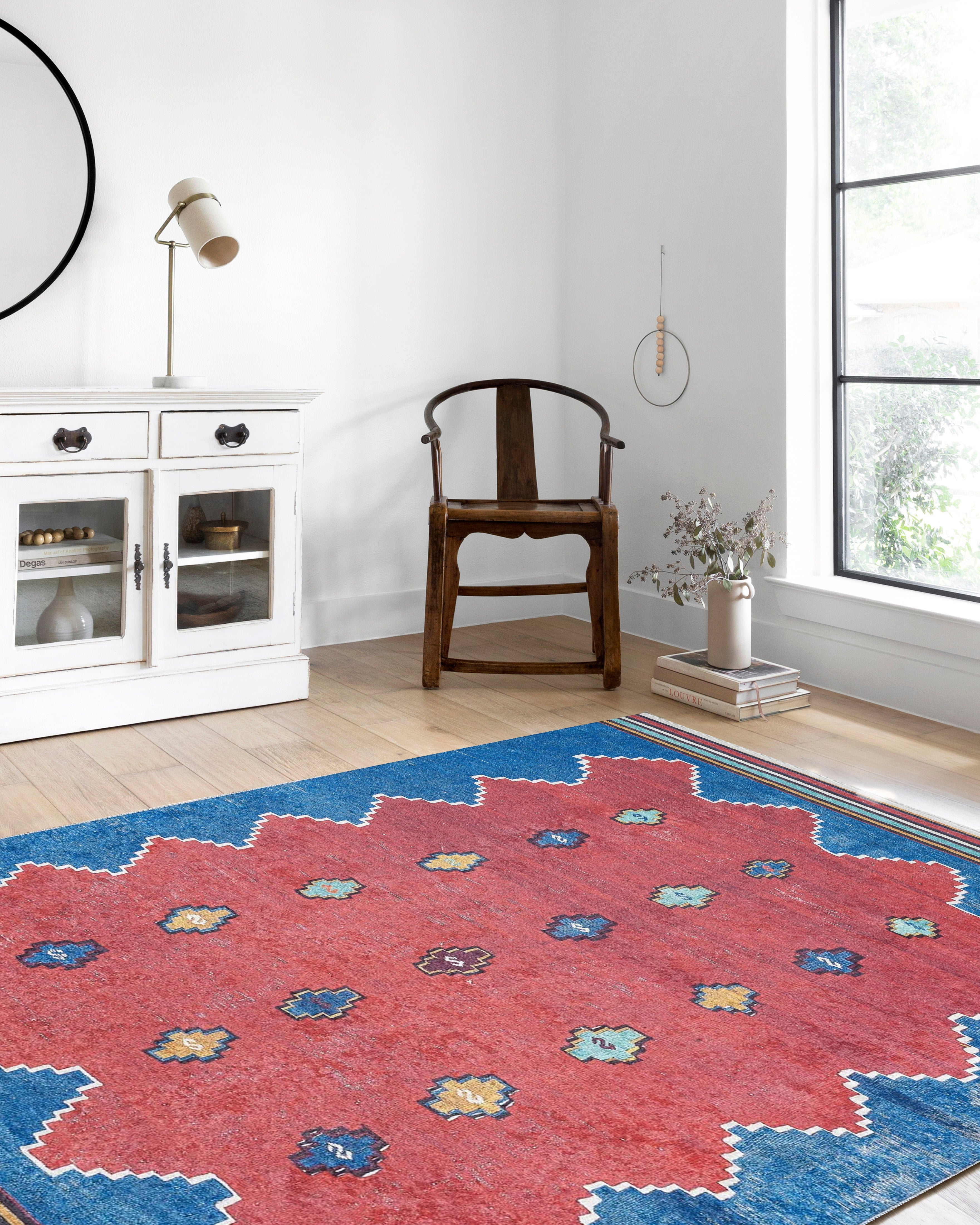 Kırmızı Mavi Geometrik Desenli Düz Dokuma Kilim Halı - Pera Halı