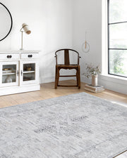 Gri Çiçekli Vintage Geometrik Madalyon Halı