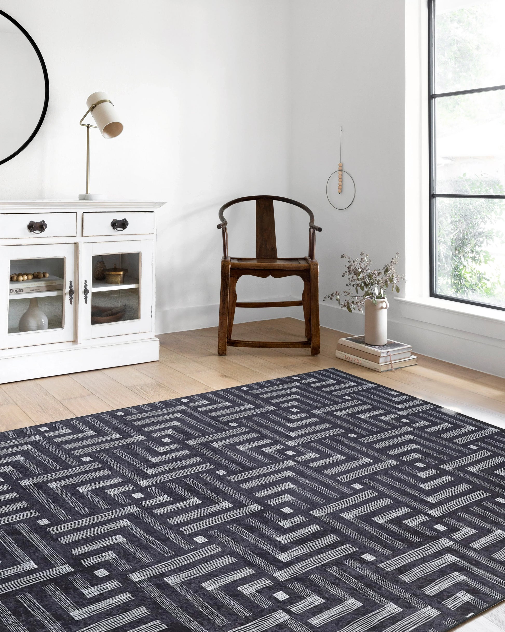 Geometrik Desenli Bej Kahverengi - Siyah Beyaz Modern Halı