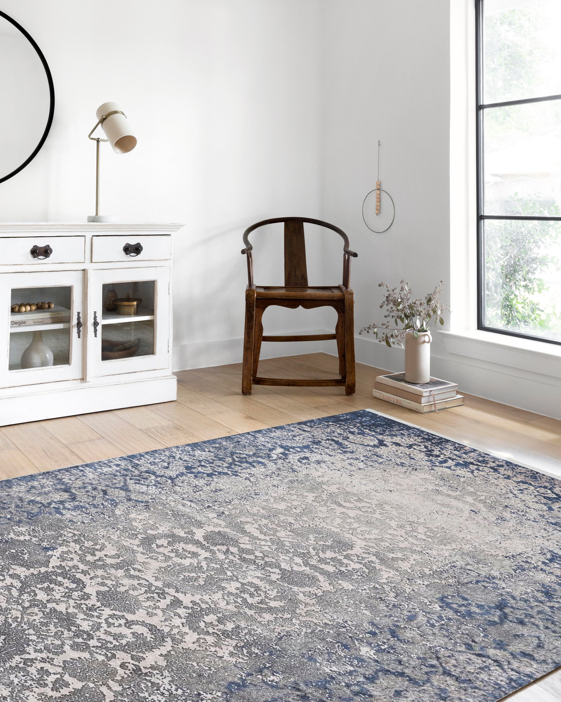 Lacivert Gri Çiçekli Vintage Geometrik Modern Halı - Pera Halı