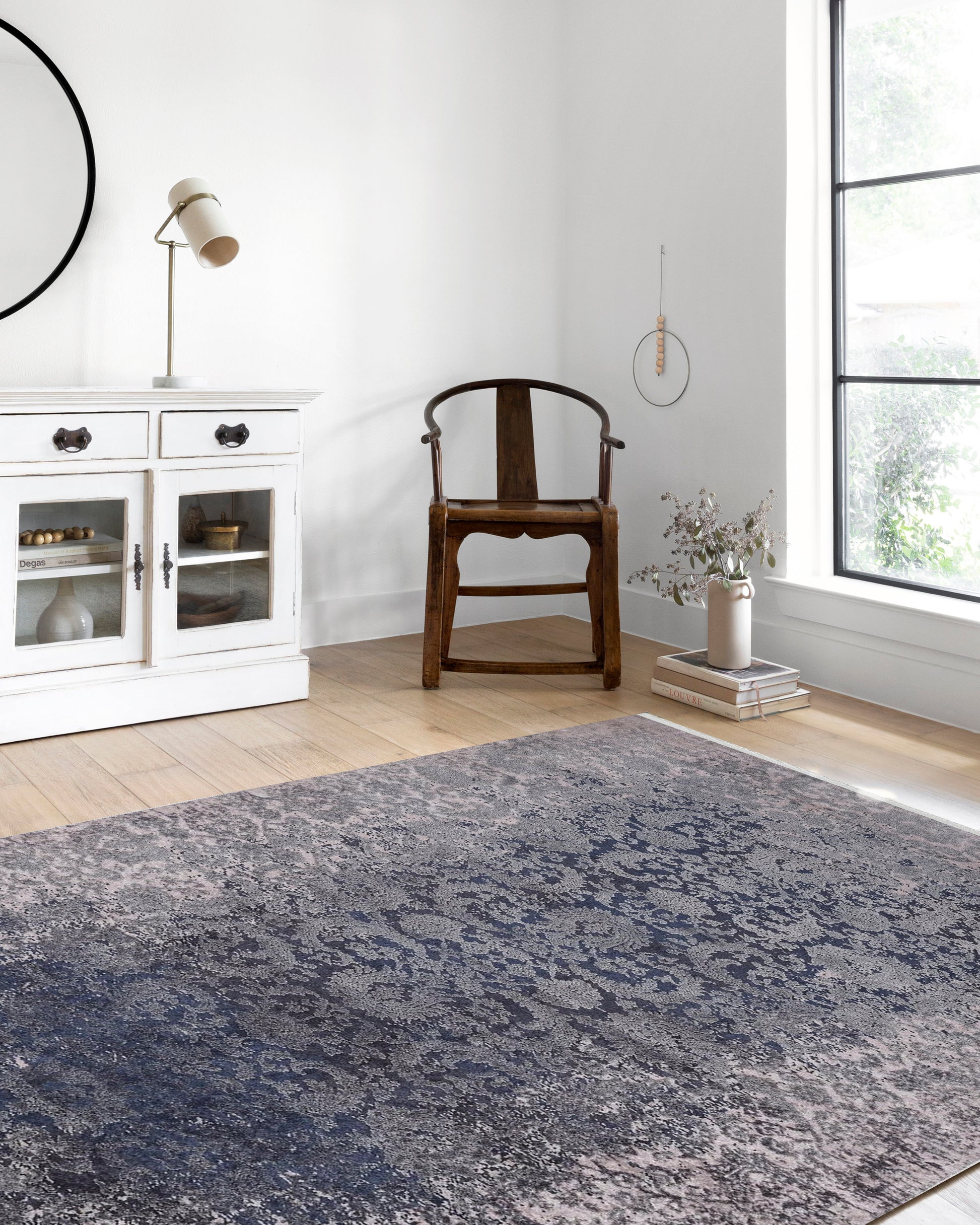 Lacivert Açık Pembe Çiçekli Vintage Geometrik Modern Halı - Pera Halı