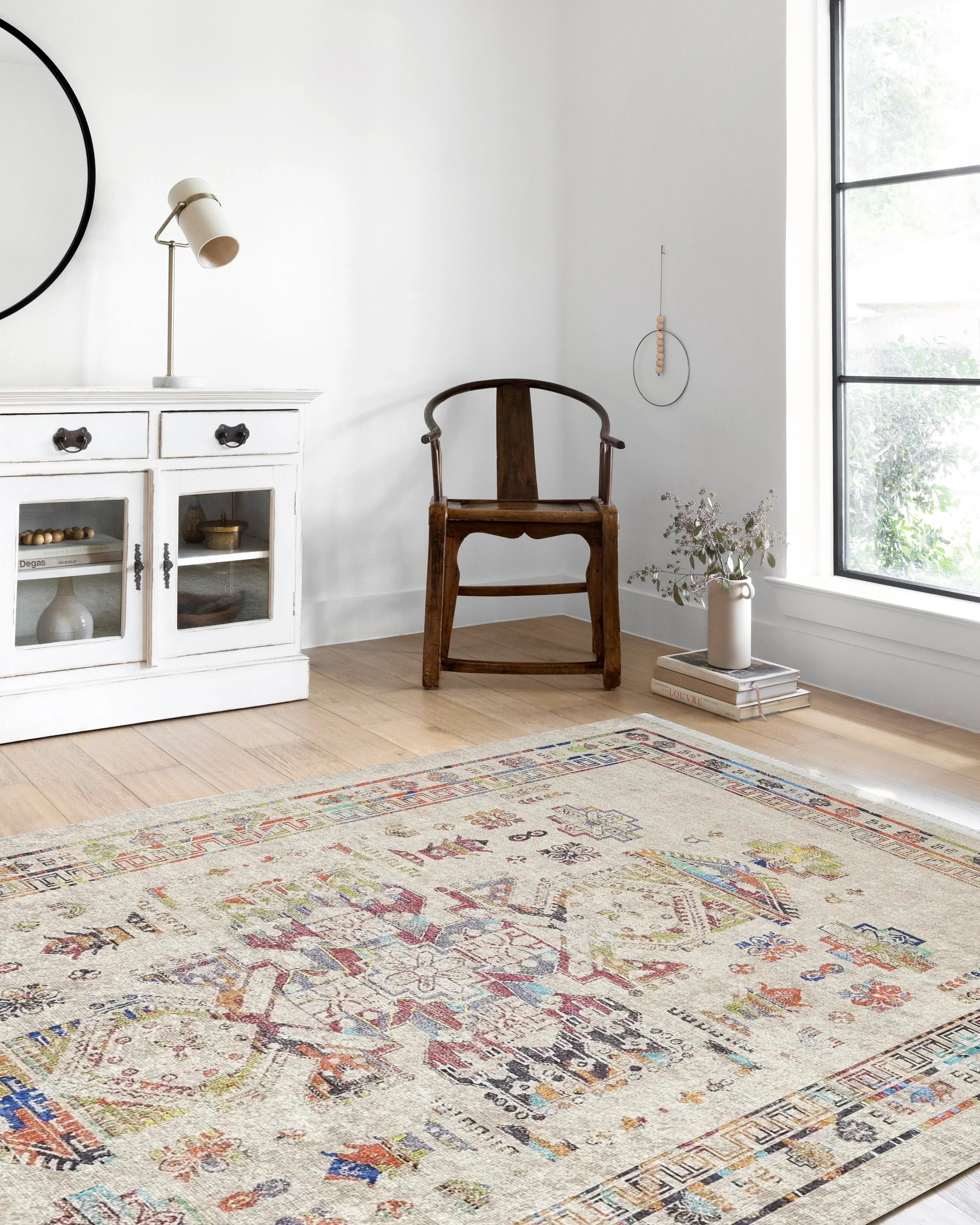 Bej Çok Renkli Geometrik Oryantal Madalyon Halı