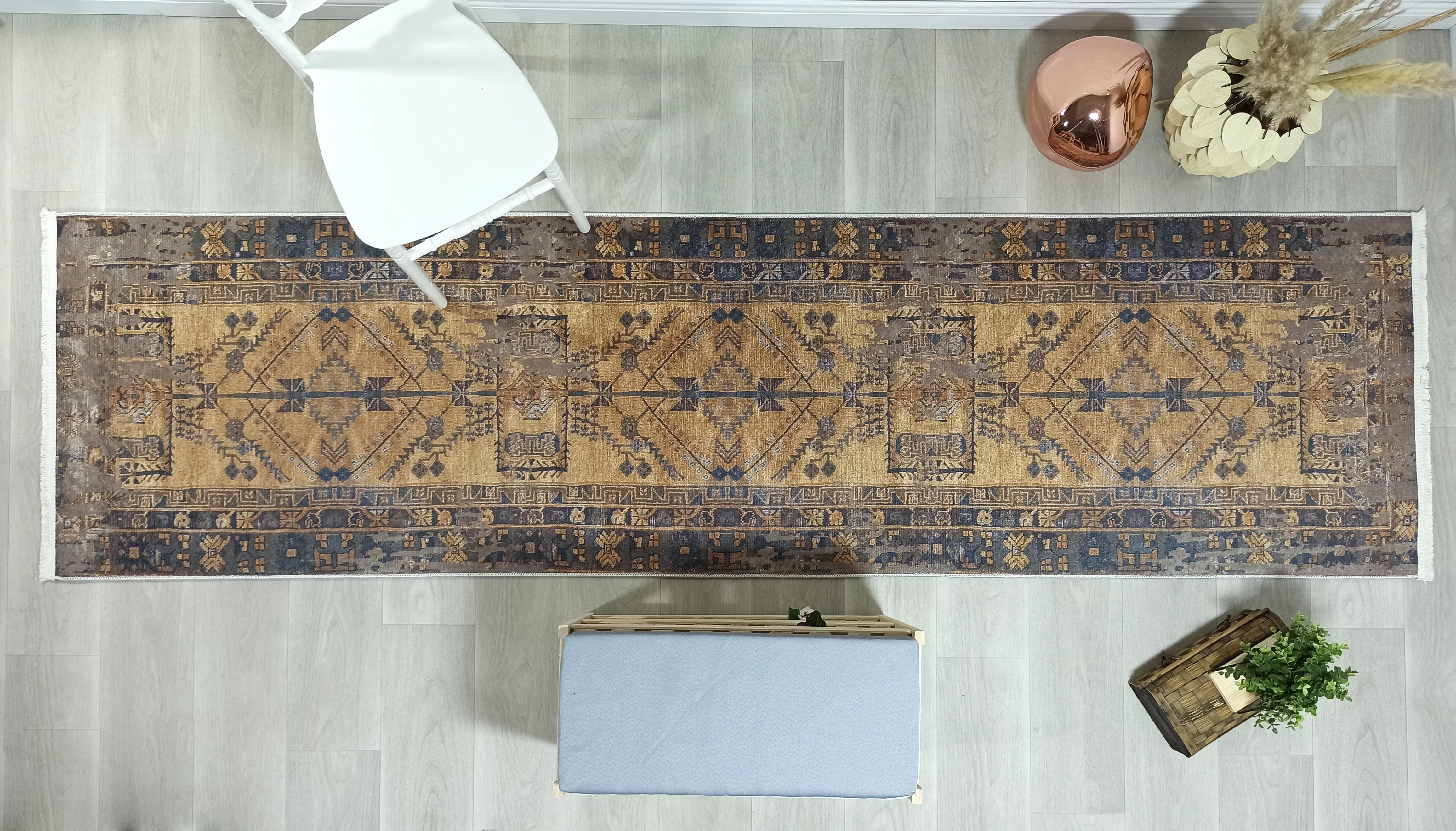 İran Kahverengi Sarı Vintage Yazlık Halı