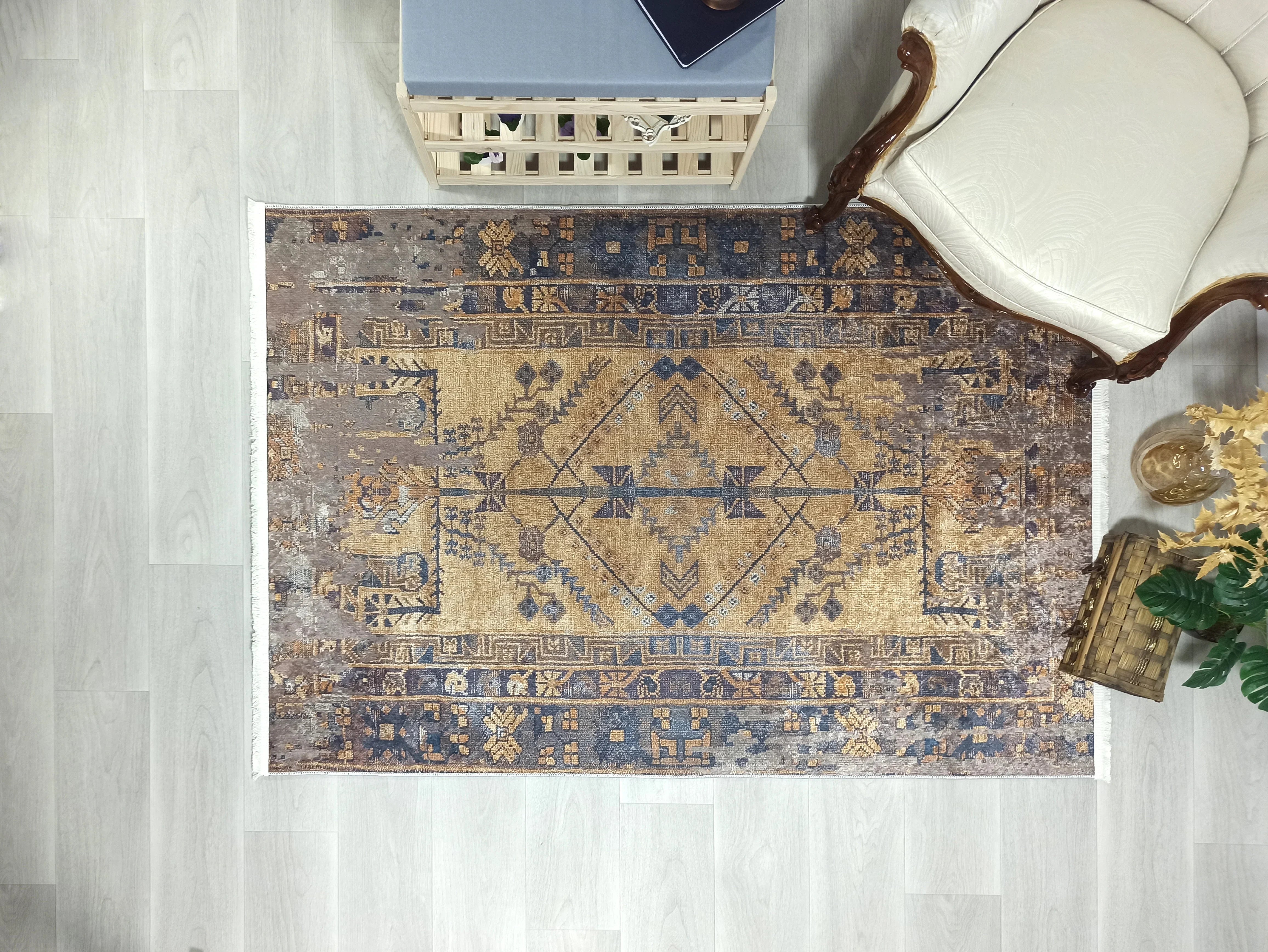 İran Kahverengi Sarı Vintage Yazlık Halı