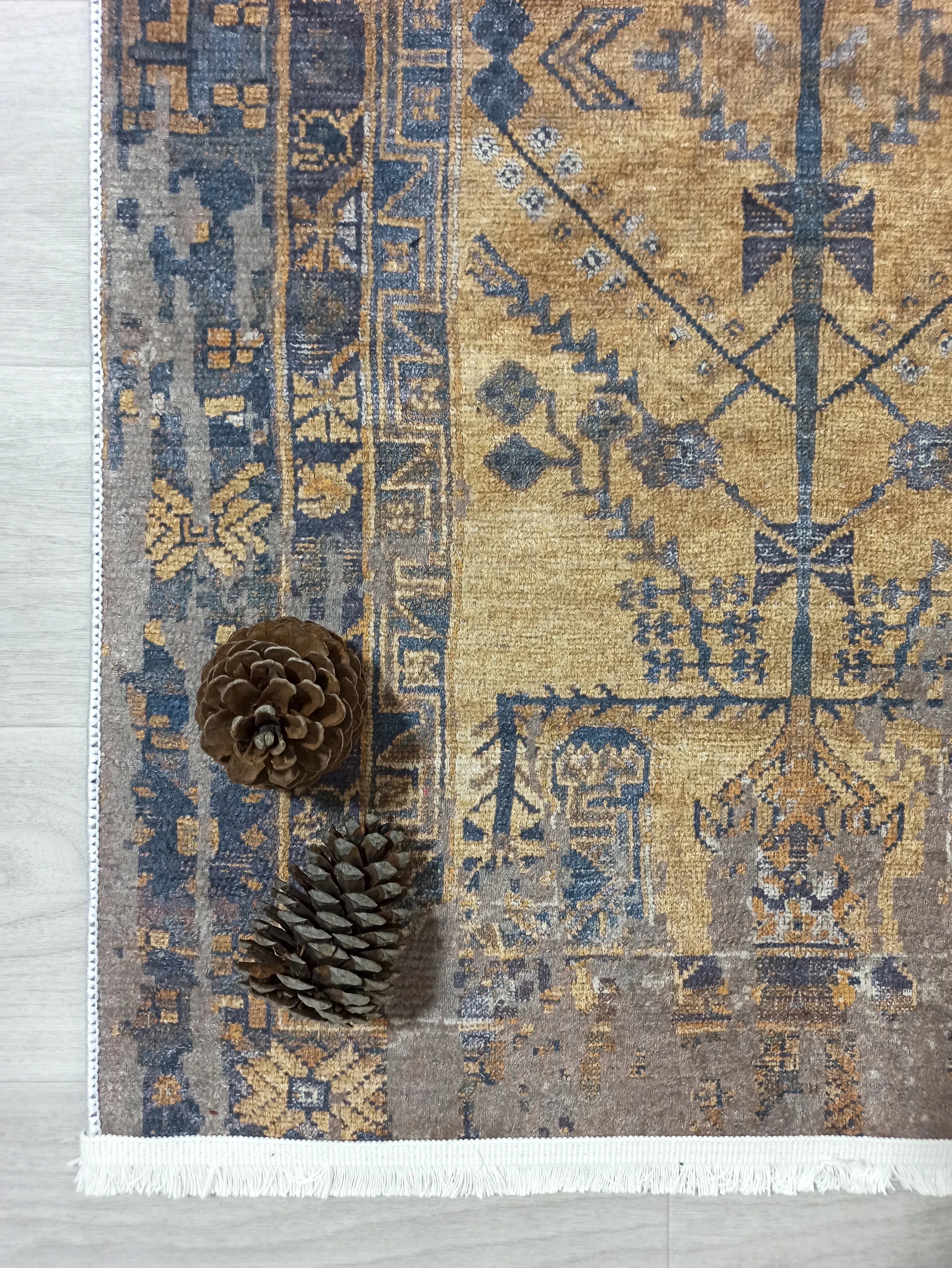 İran Kahverengi Sarı Vintage Yazlık Halı