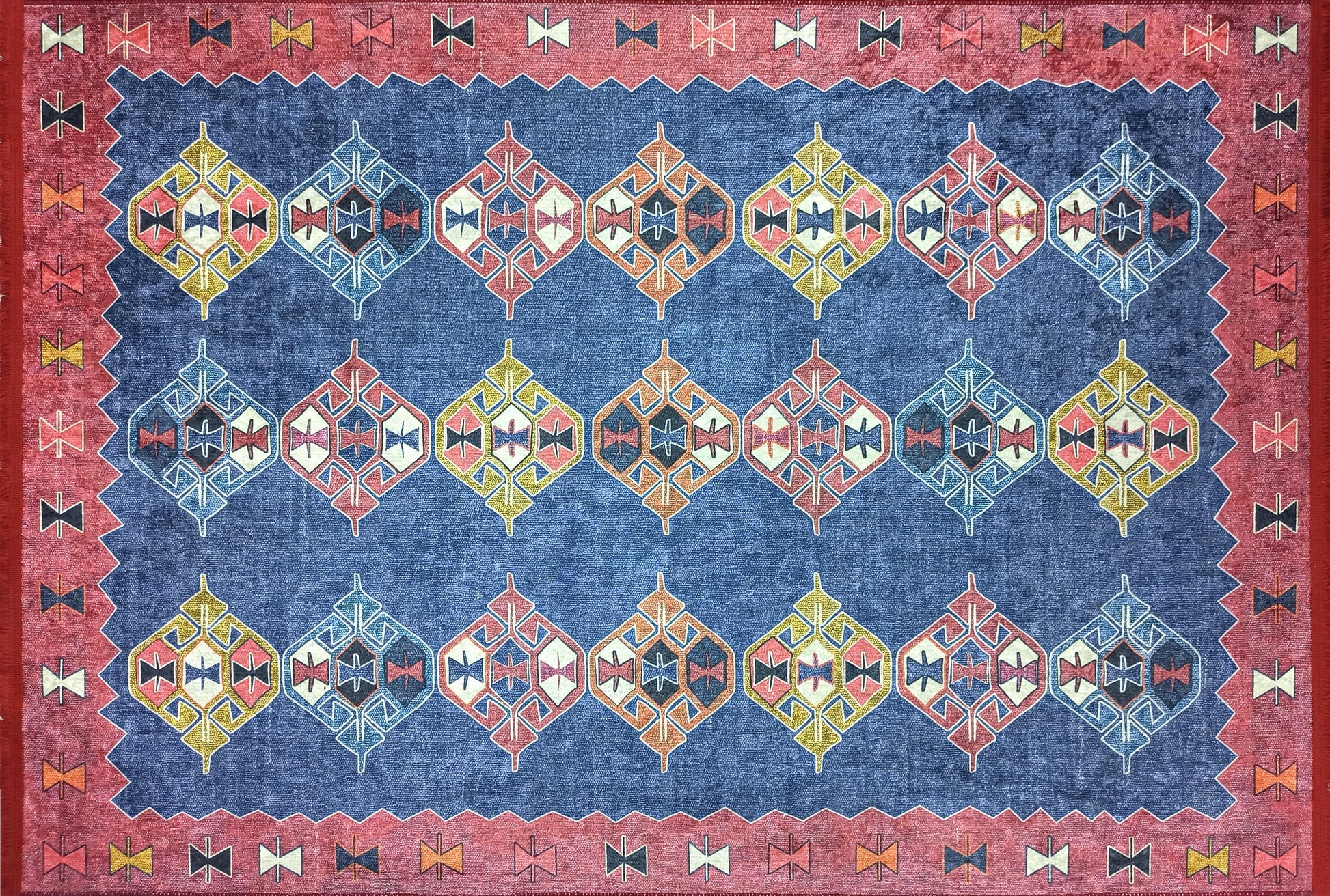 İran Etnik Desenli Mavi Kırmızı Halı