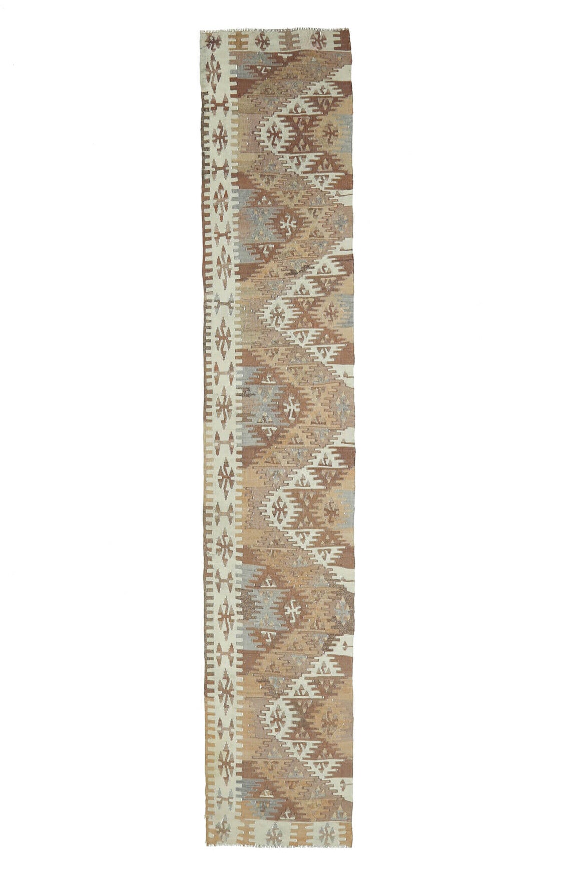 55x333 cm turuncu ve bej ikat desenli vintage kilim yolluk – üstten tam görünüm