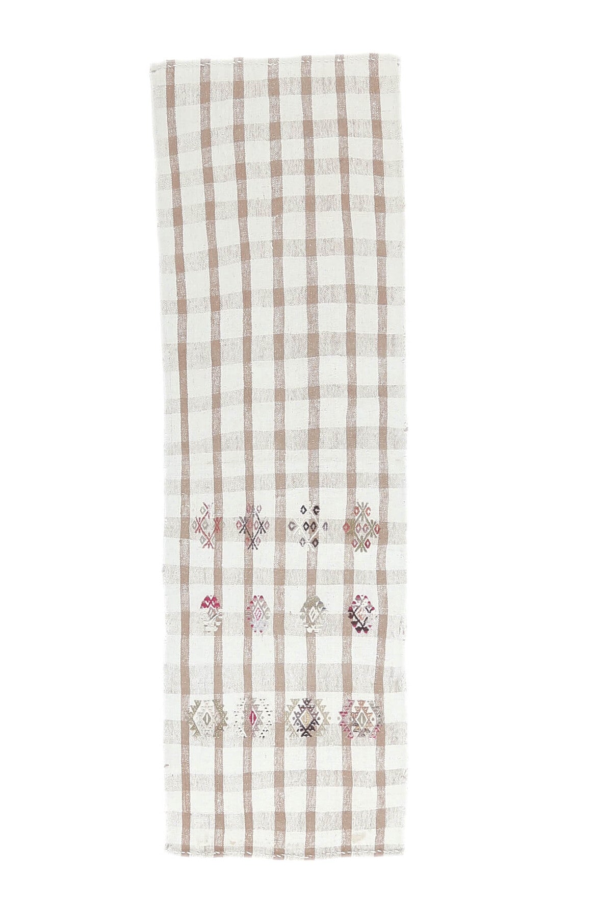 63x205 cm beyaz ve bej çizgili vintage kilim yolluk – üstten tam görünüm