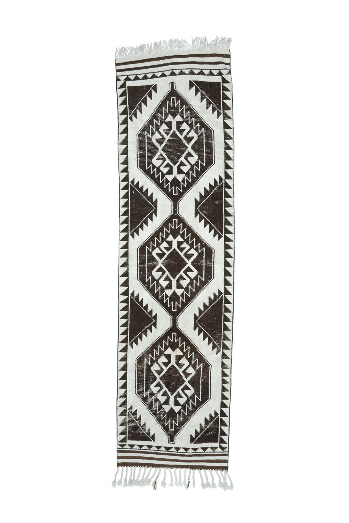 96x358 cm gri, kahverengi ve beyaz oryantal desenli el dokuma vintage yolluk – üstten tam görünüm