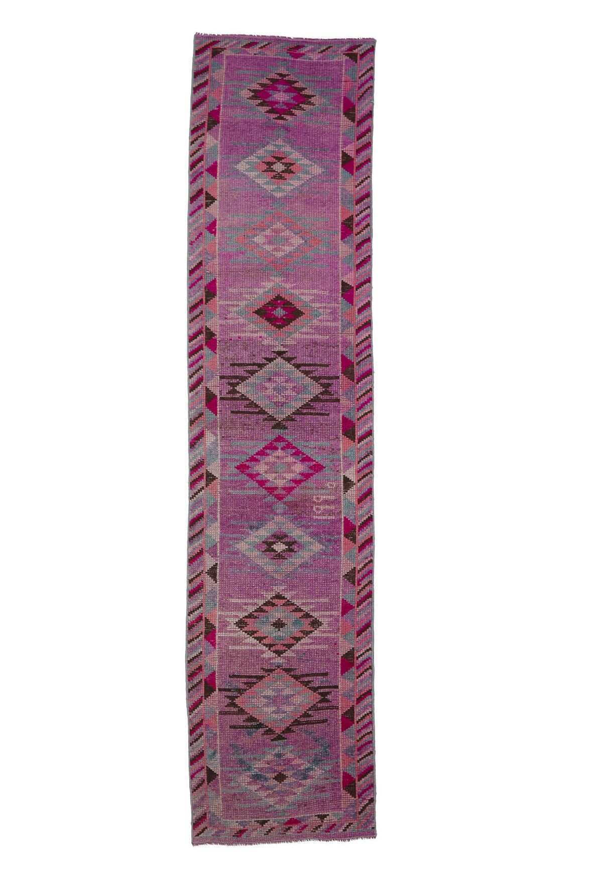 83x358 cm mor, pembe ve kırmızı geometrik desenli el dokuma vintage yolluk – üstten tam görünüm