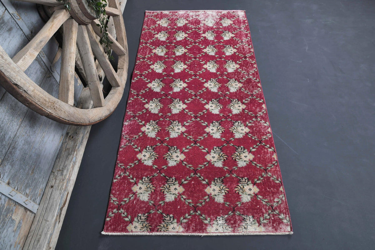 El yapımı vintage yolluk 86x180 cm çiçek desenli desenli yün