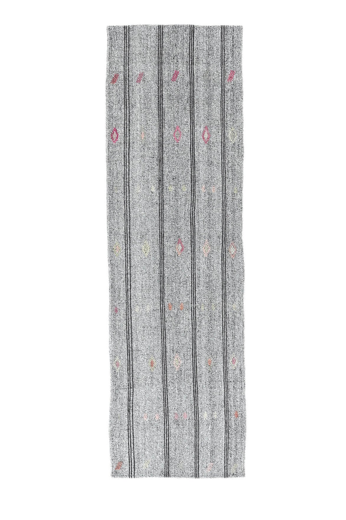 79x270 cm gri çizgili vintage kilim yolluk – üstten tam görünüm
