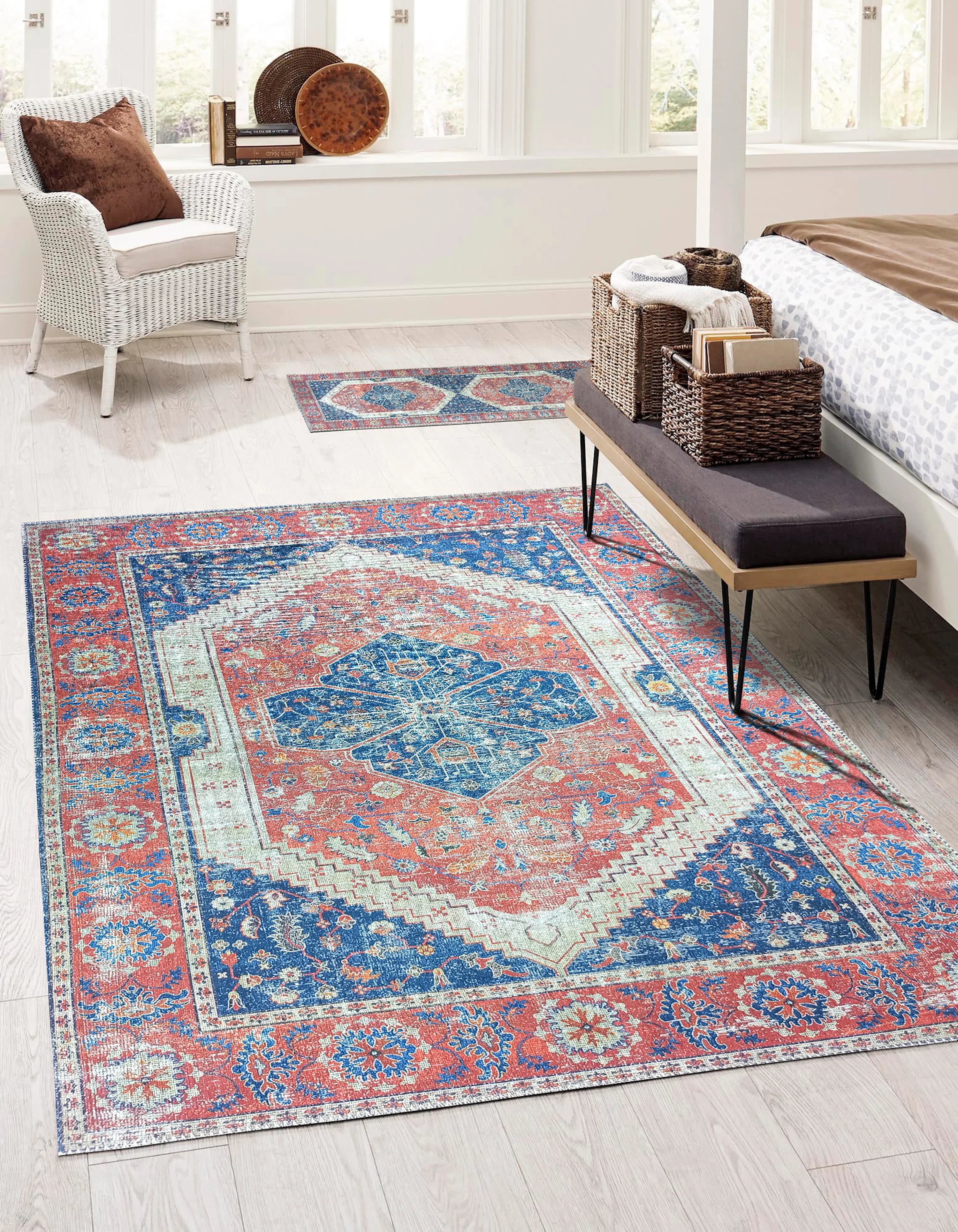 Vintage Eskitme Kırmızı Mavi Halı