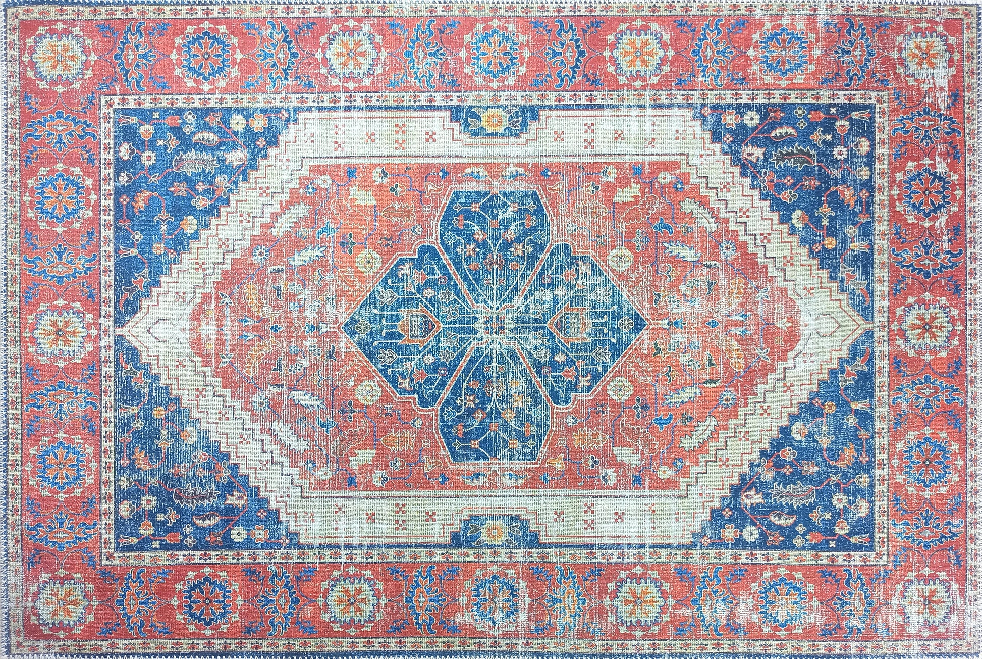 Vintage Eskitme Kırmızı Mavi Halı - Pera Halı
