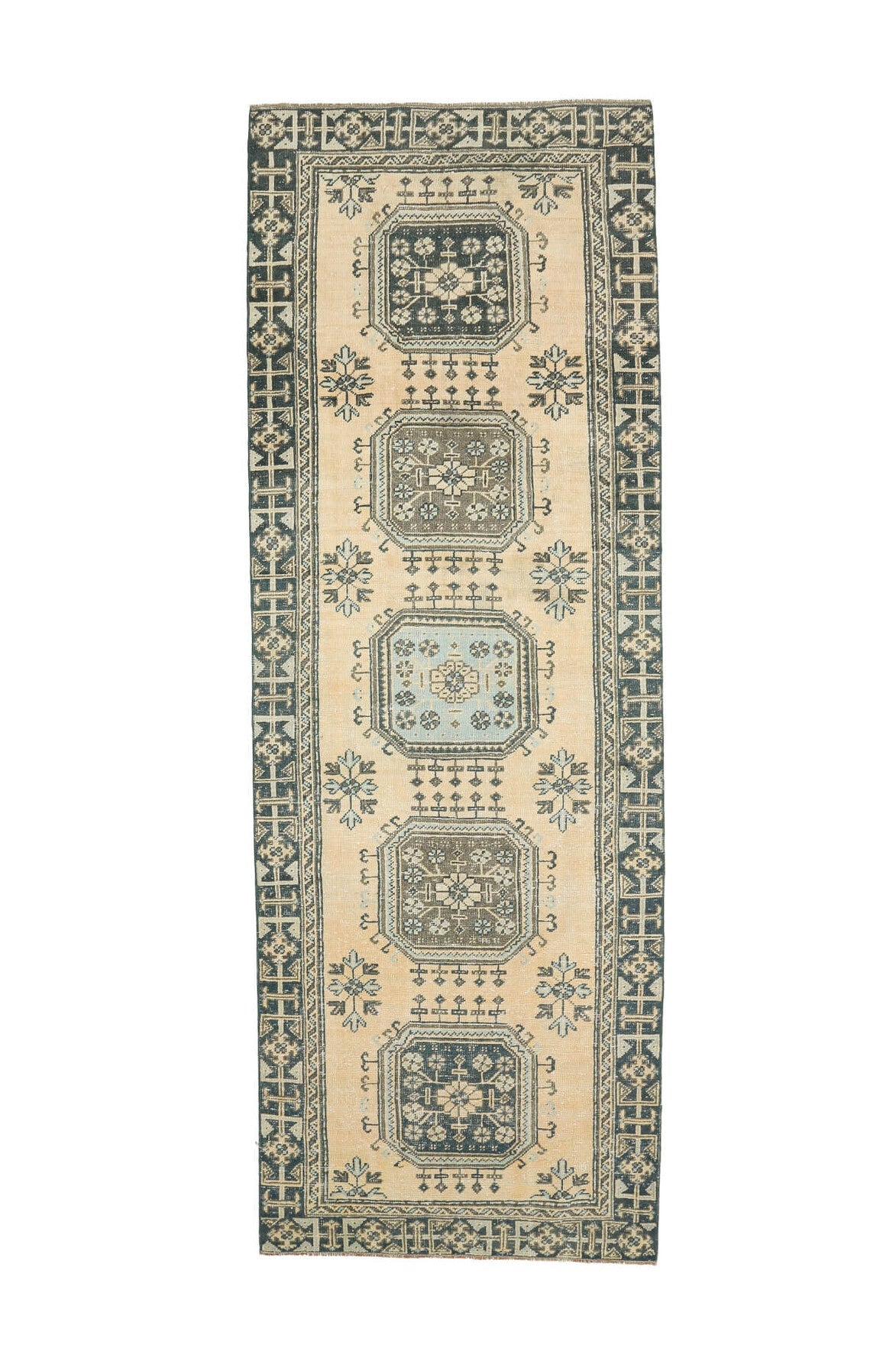 El yapımı vintage yolluk 117x333 cm çiçek desenli desenli yün - açık alan görünümü
