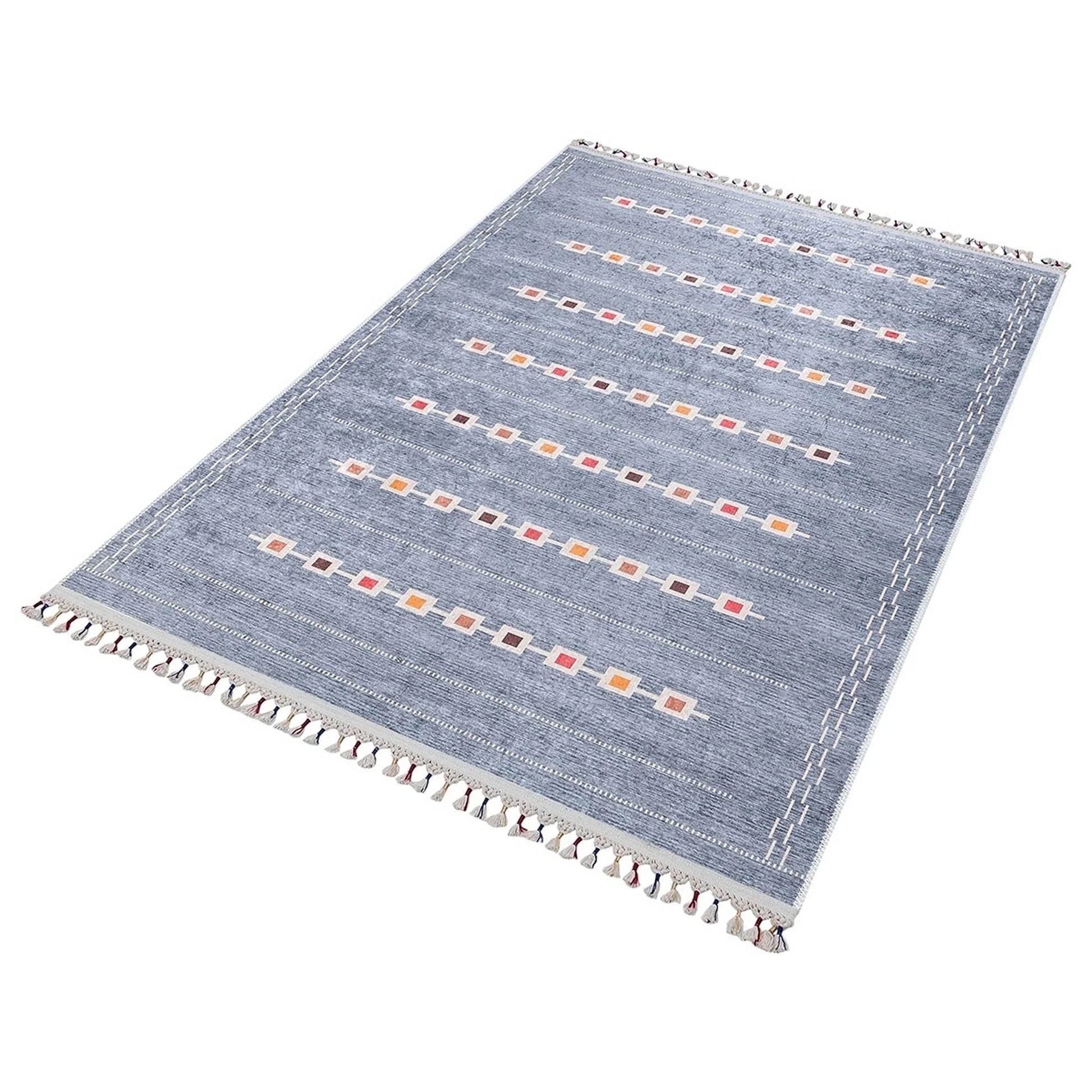 Gri Renkli Kare Desenli Modern Kilim Halı