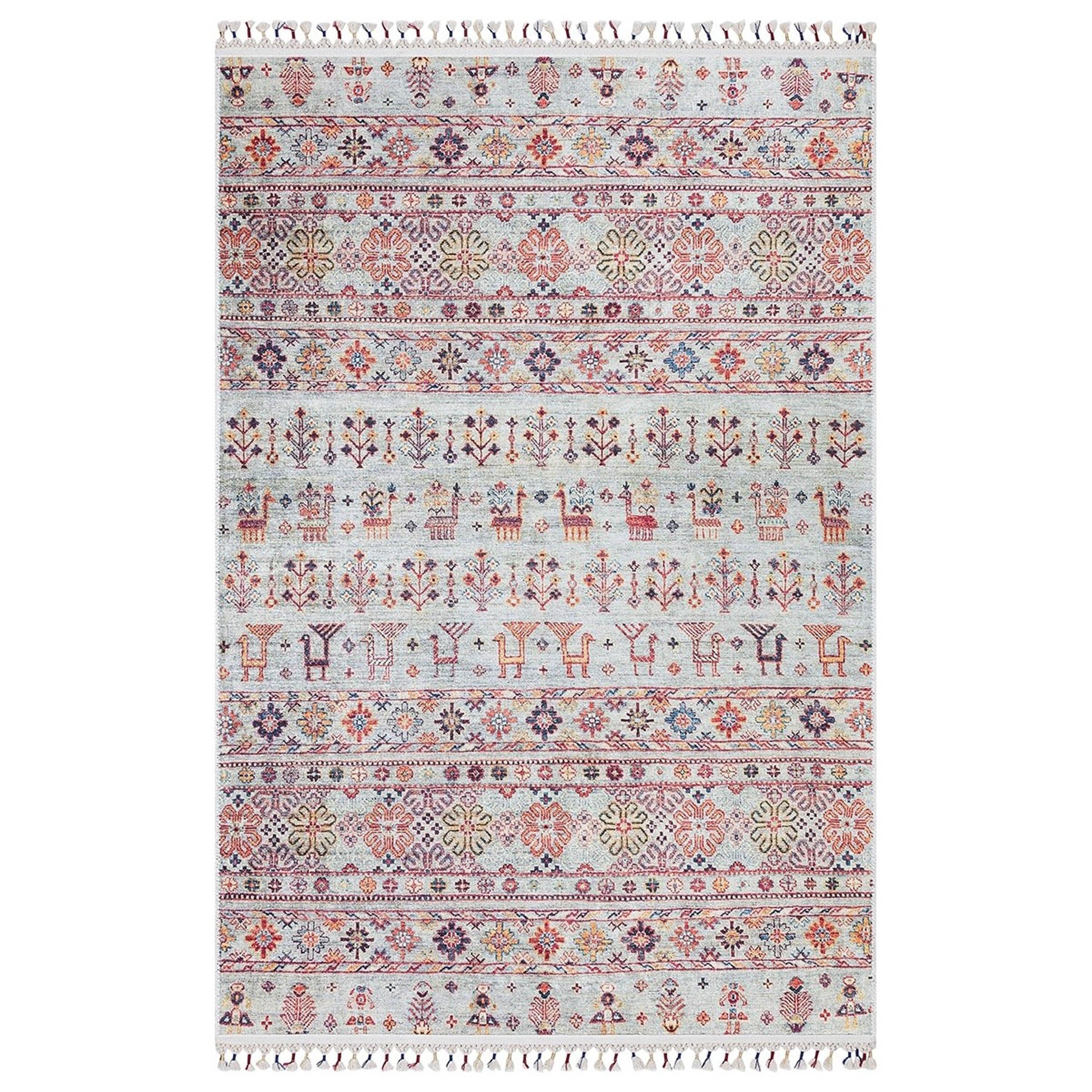 Krem Çok Renkli Etnik Desenli Vintage Kilim Halı