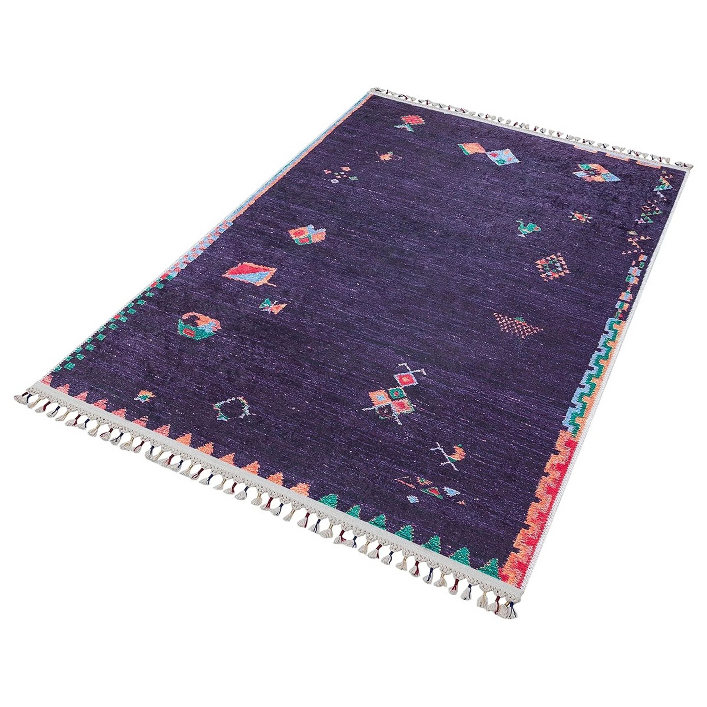 Mor Çok Renkli Etnik Desenli Modern Kilim Halı