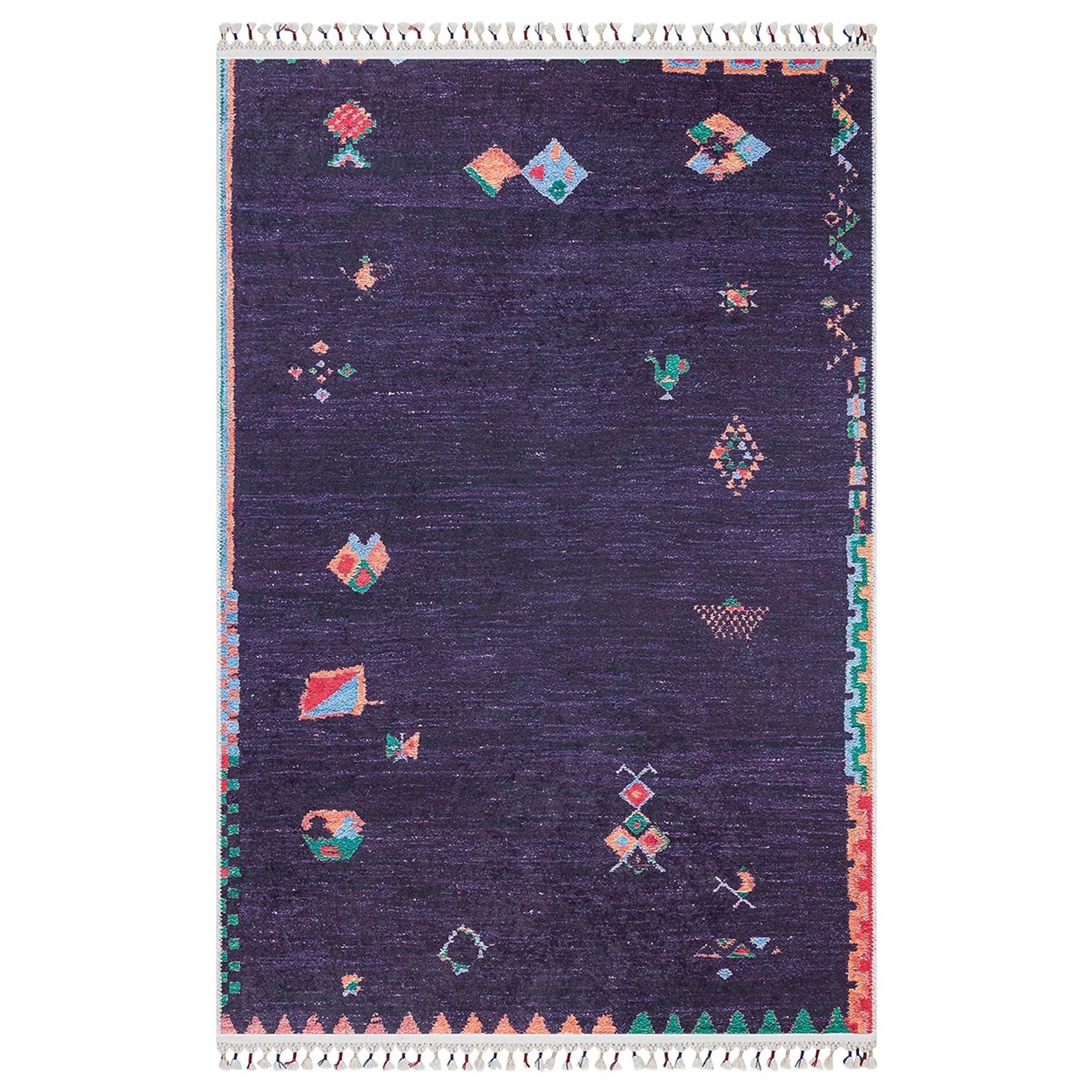 Mor Çok Renkli Etnik Desenli Modern Kilim Halı