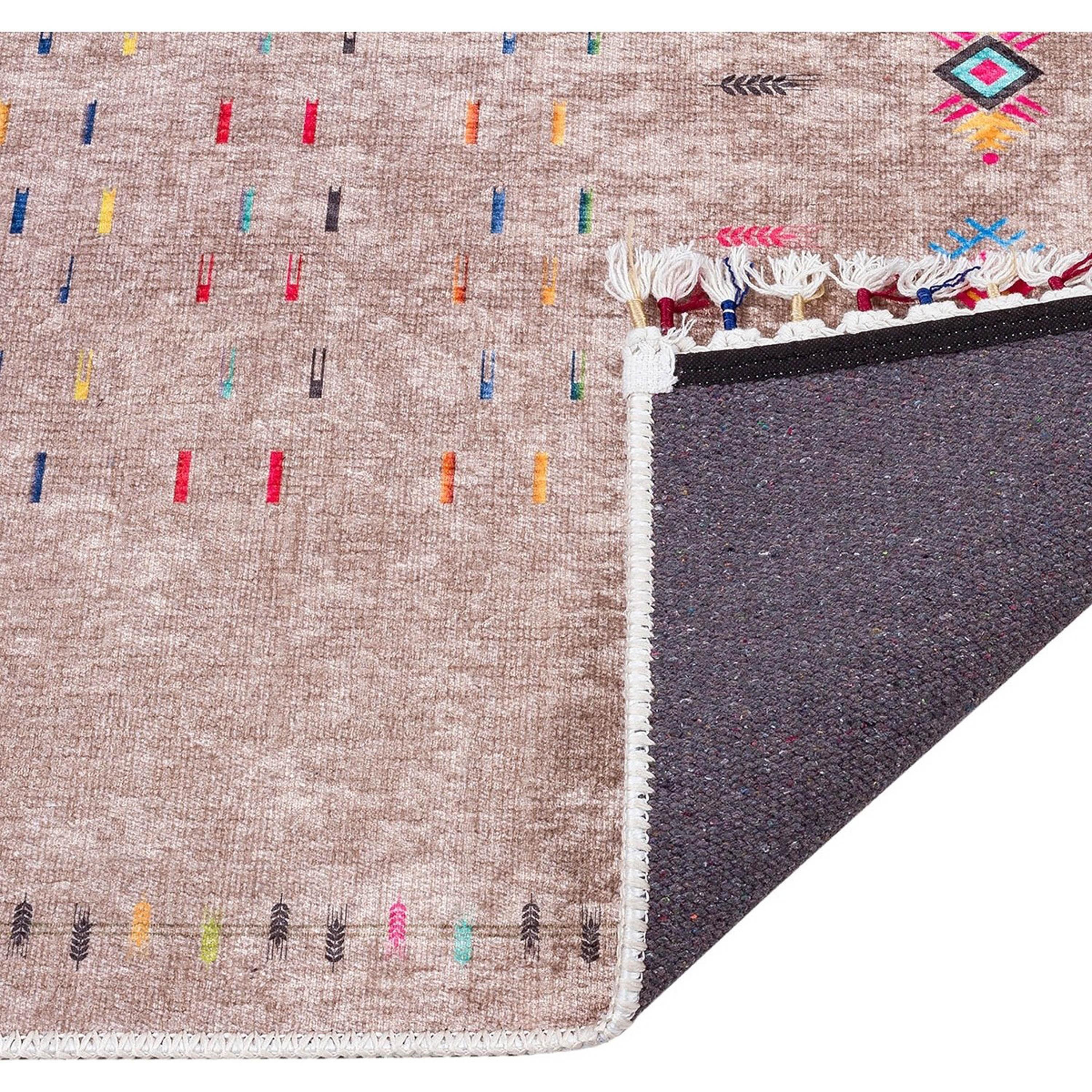 Bej Çok Renkli Etnik Desenli Modern Saçaklı Kilim Halı