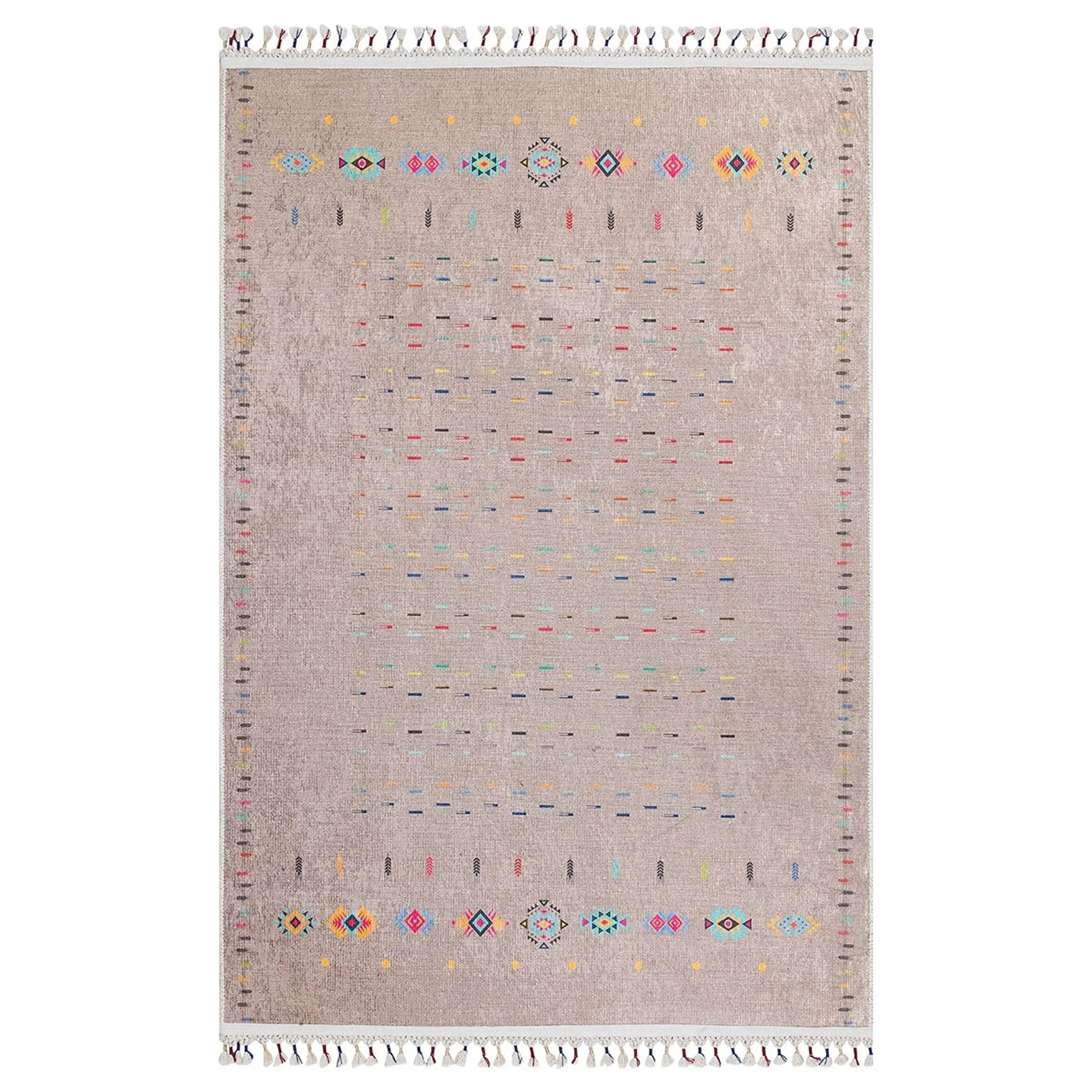 Bej Çok Renkli Etnik Desenli Modern Saçaklı Kilim Halı