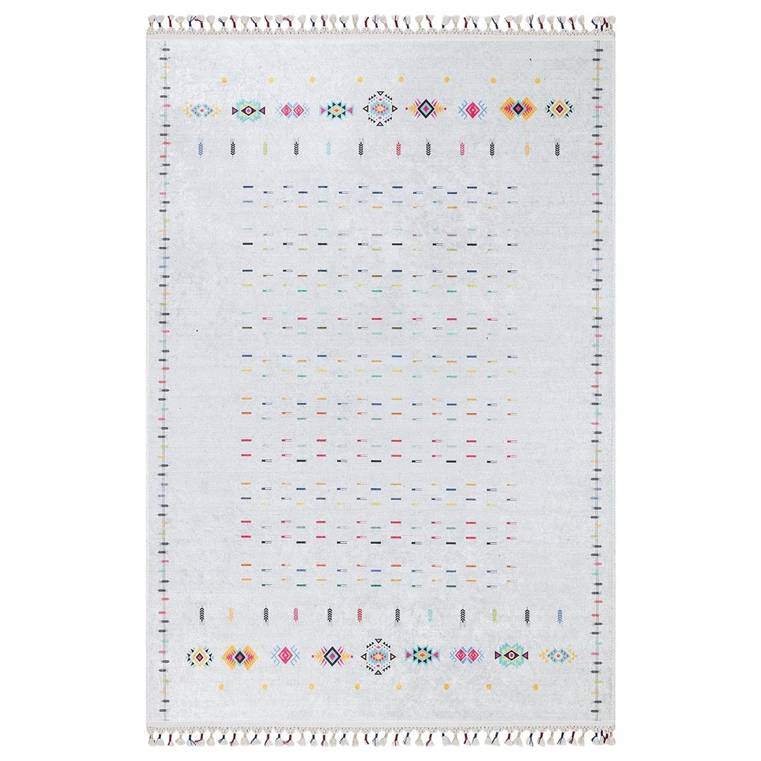 Krem Çok Renkli Etnik Desenli Modern Saçaklı Kilim Halı