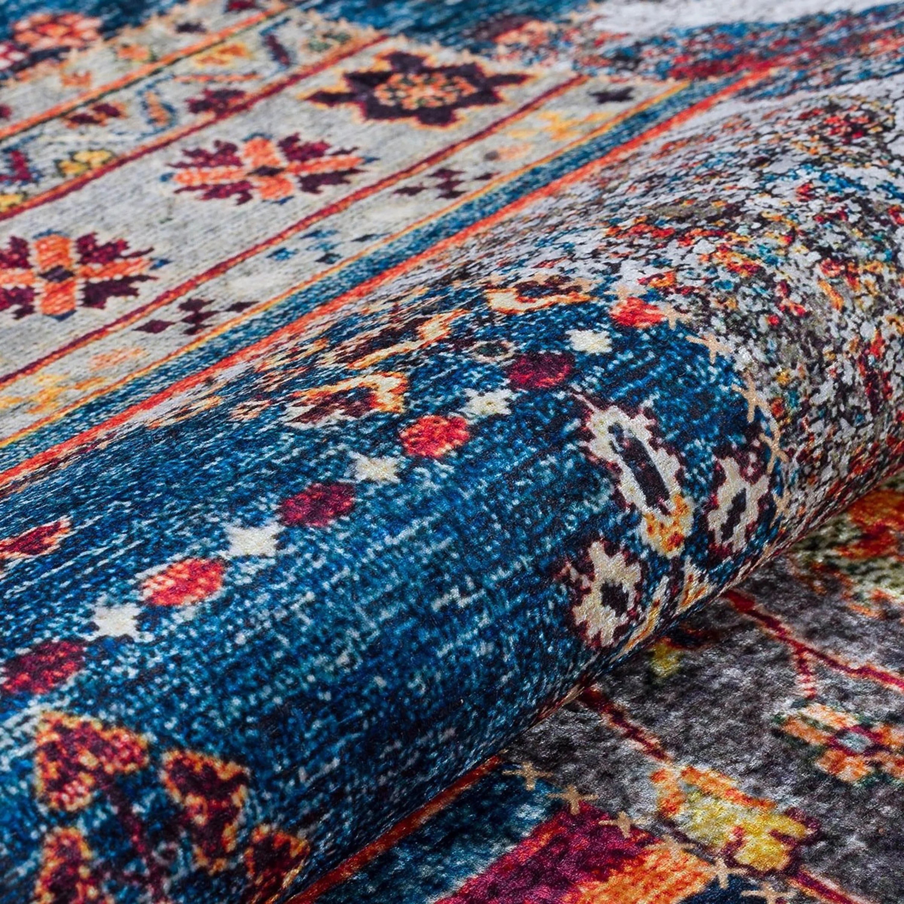 Mavi Çok Renkli Patchwork Desenli Vintage Kilim Halı