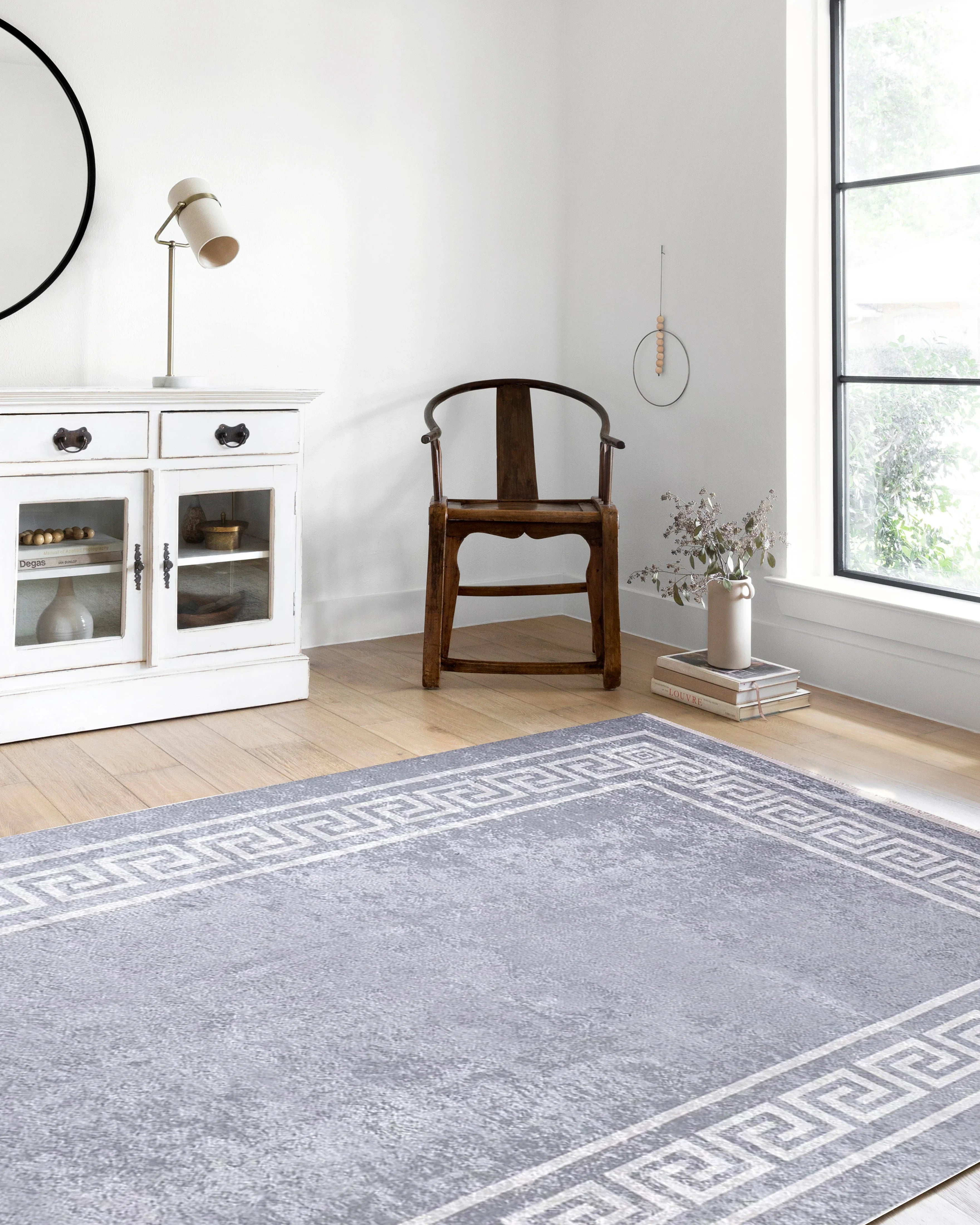 Mermer Desenli Gri Altın Geometrik Bordürlü Halı