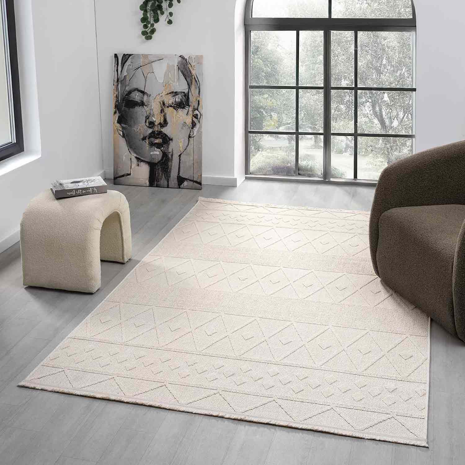 Krem Renk Baklava Desenli Yumuşak Halı