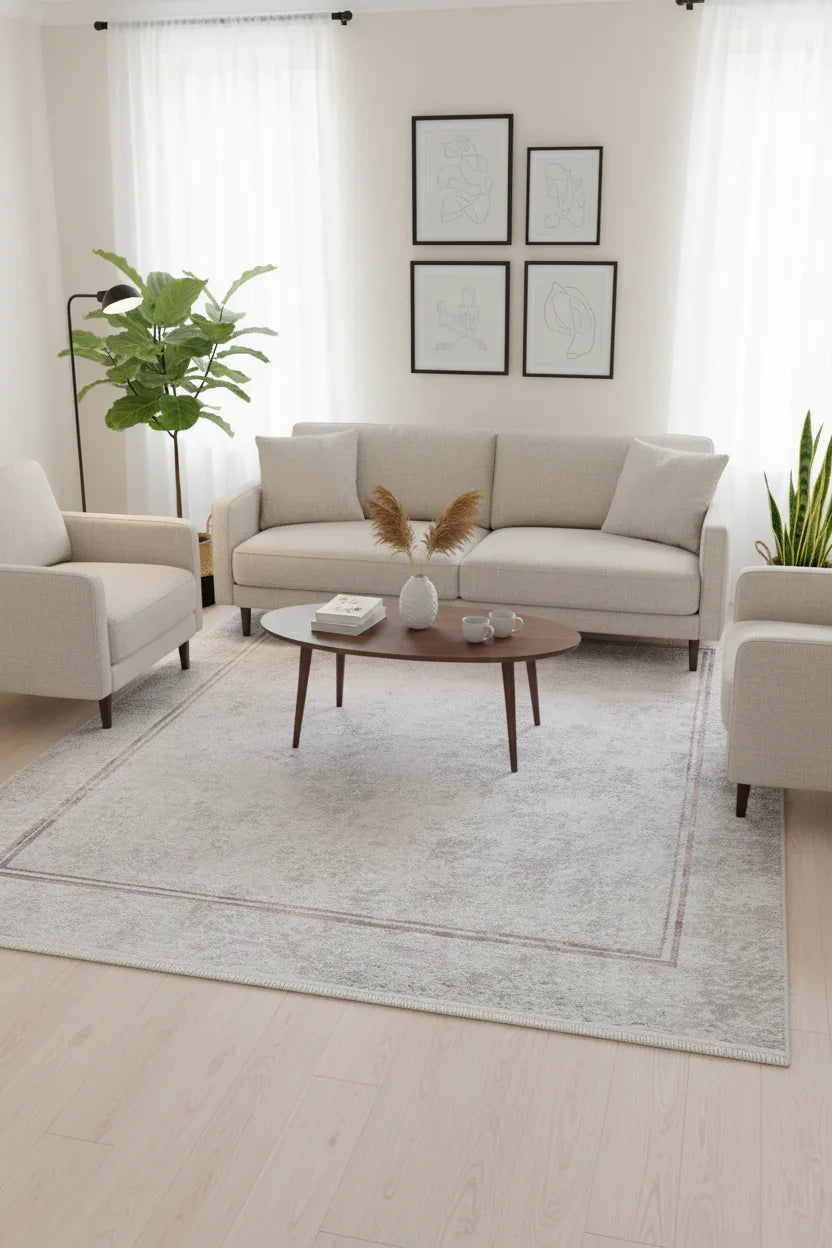 Açık Gri İnce Bordürlü Modern Yıkanabilir Halı