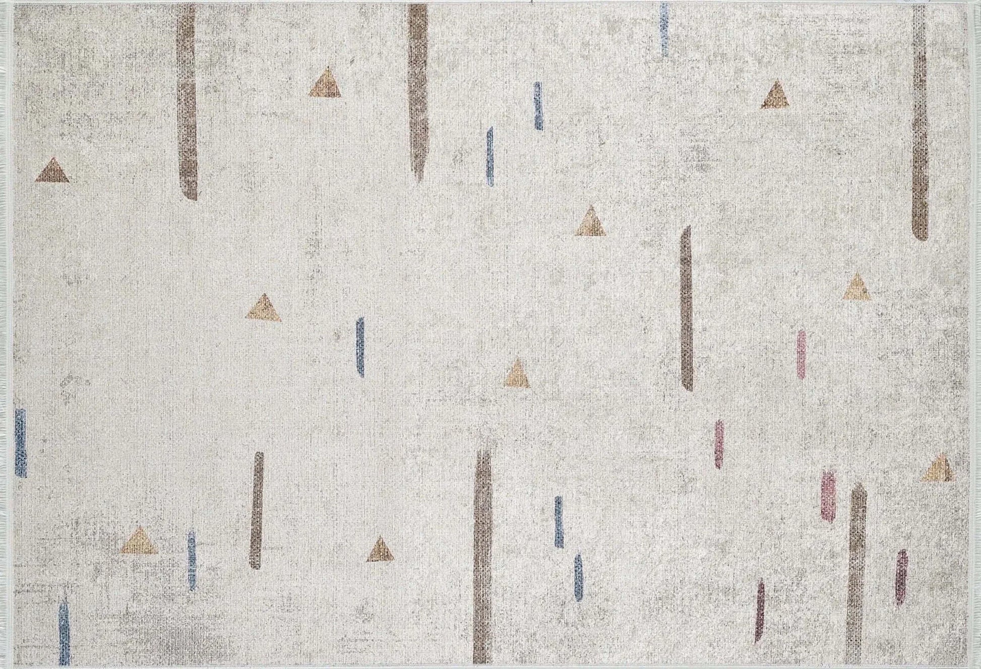 Beyaz Krem Eskitme Geometrik Desenli Halı