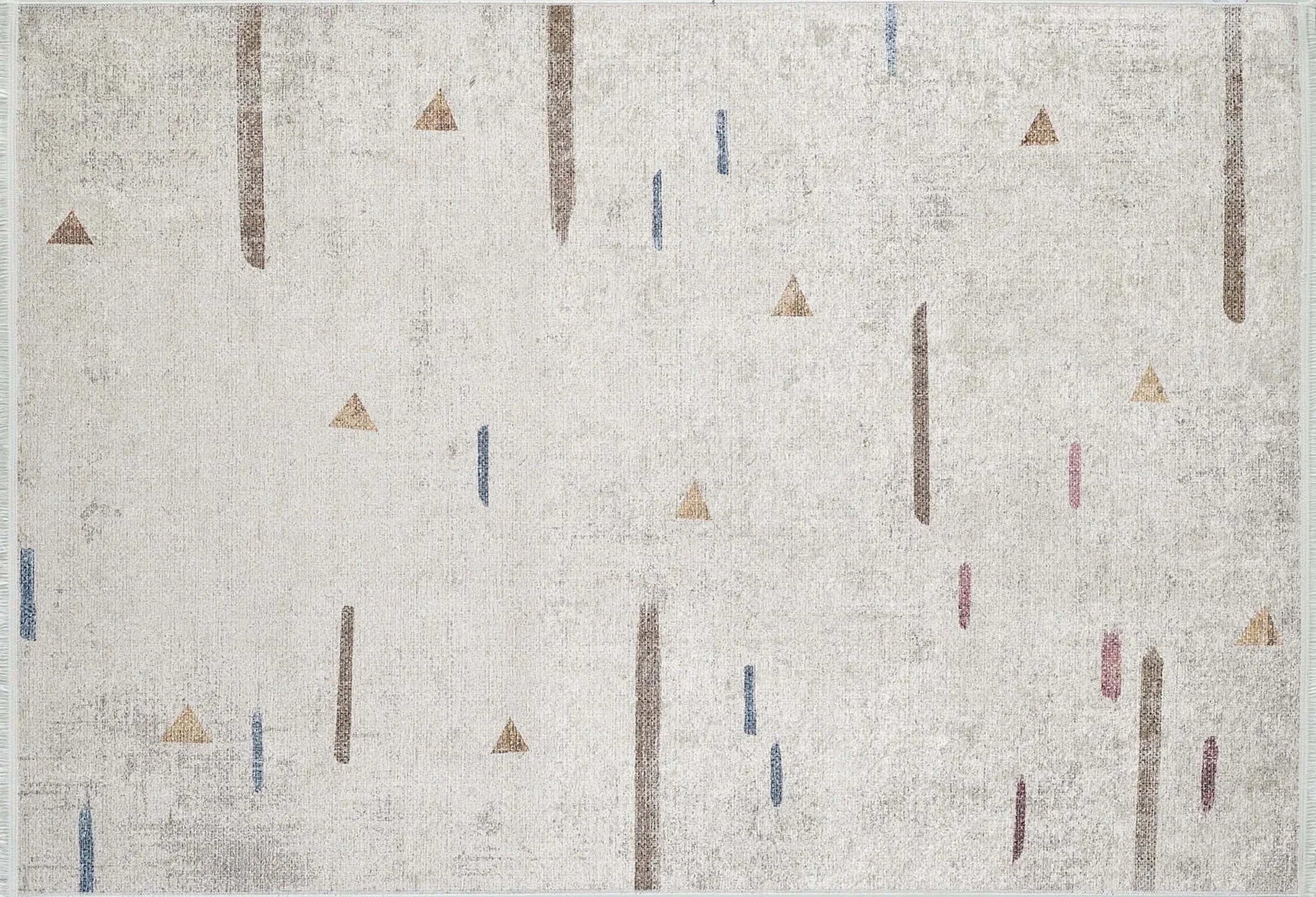 Beyaz Krem Eskitme Geometrik Desenli Halı