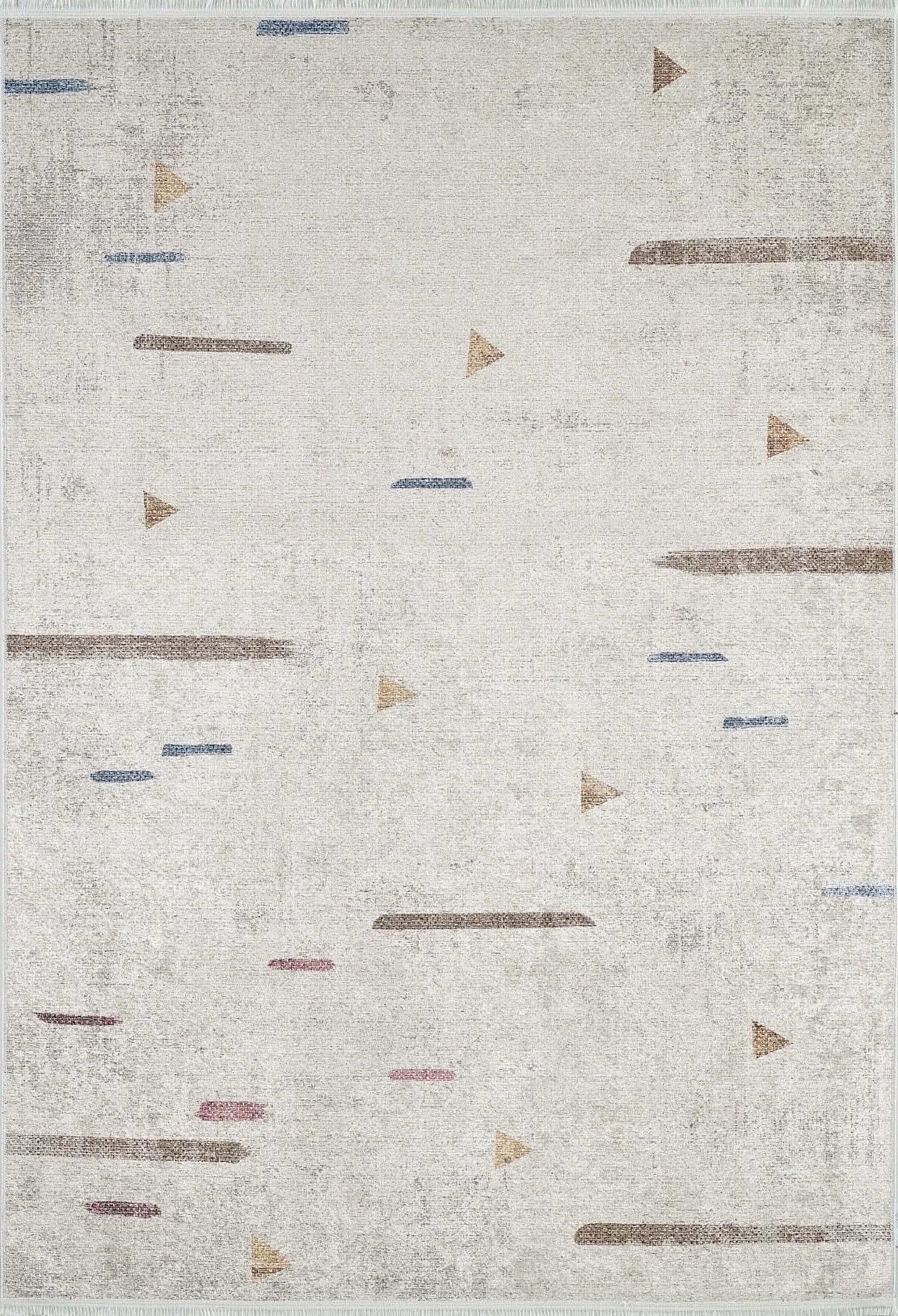 Beyaz Krem Eskitme Geometrik Desenli Halı