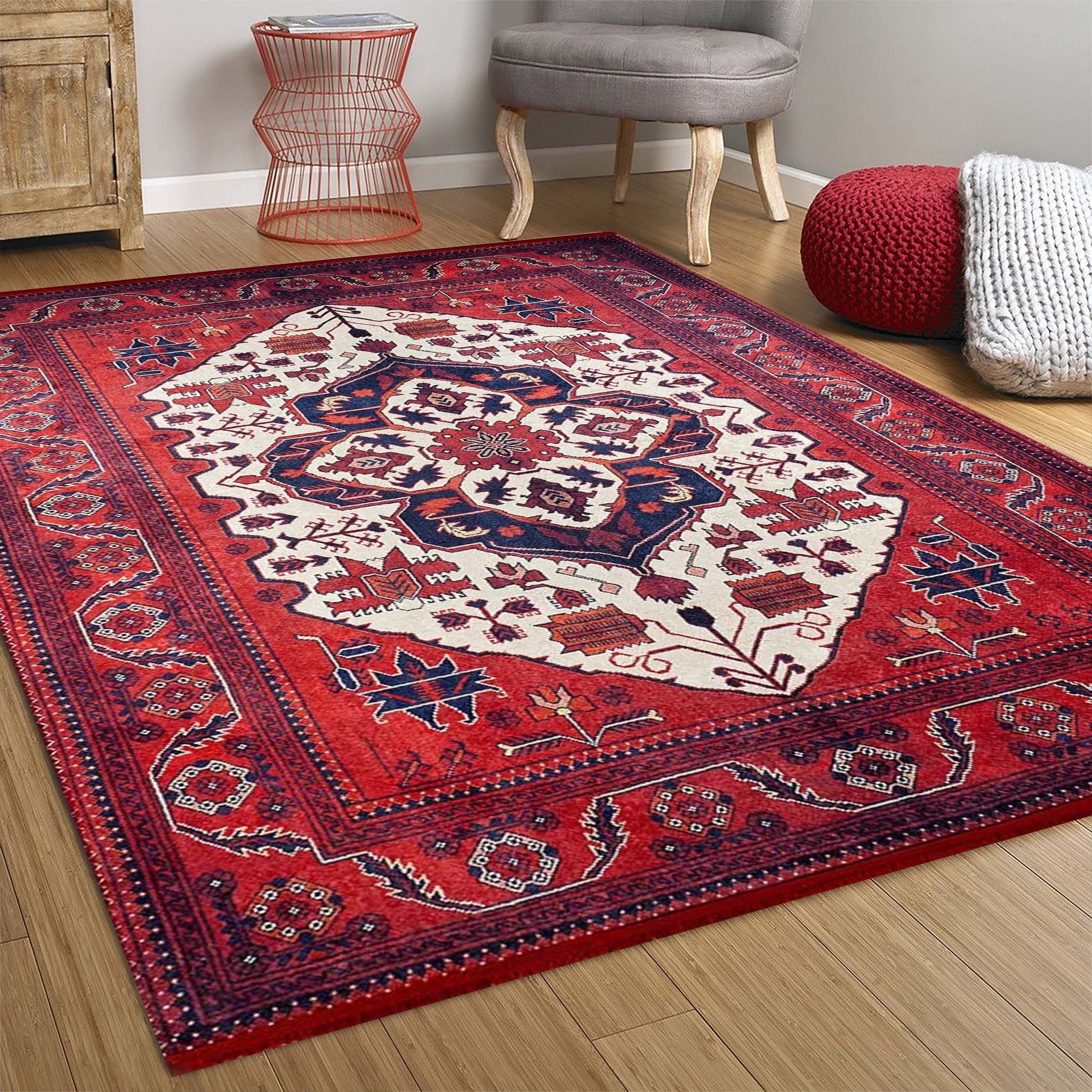 Kırmızı Bej Geometrik Desenli Anadolu Kilim Halı - Pera Halı