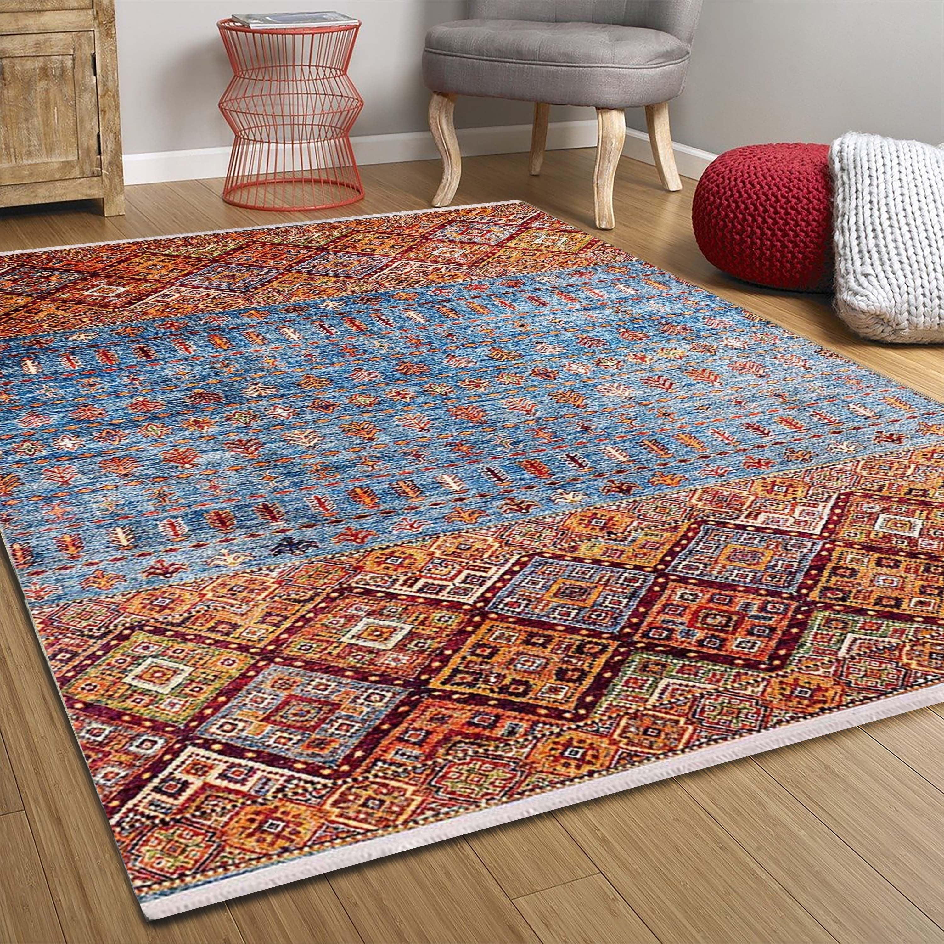 Turuncu Mavi Geometrik Desenli Anadolu Kilim Halı