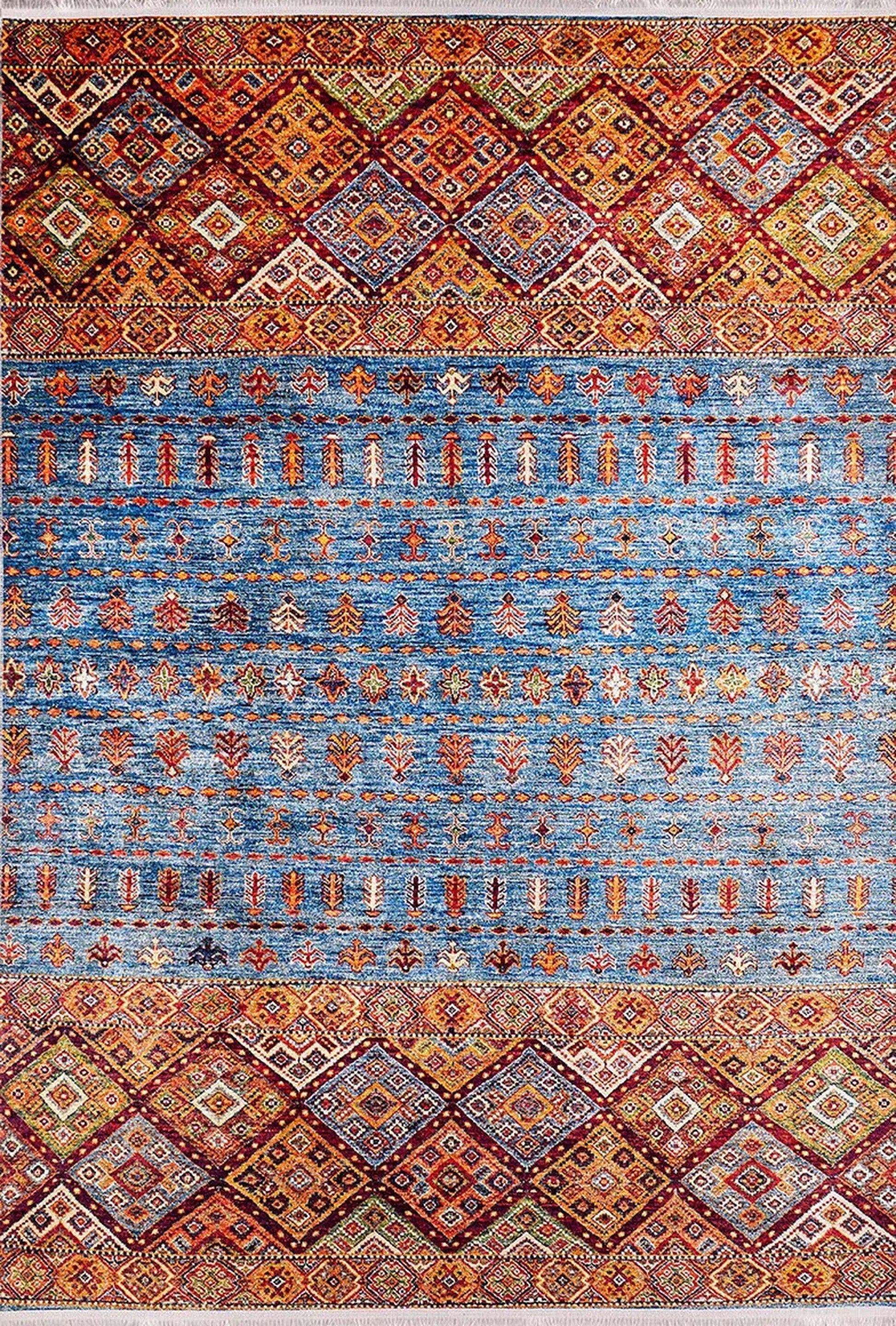 Turuncu Mavi Geometrik Desenli Anadolu Kilim Halı - Pera Halı