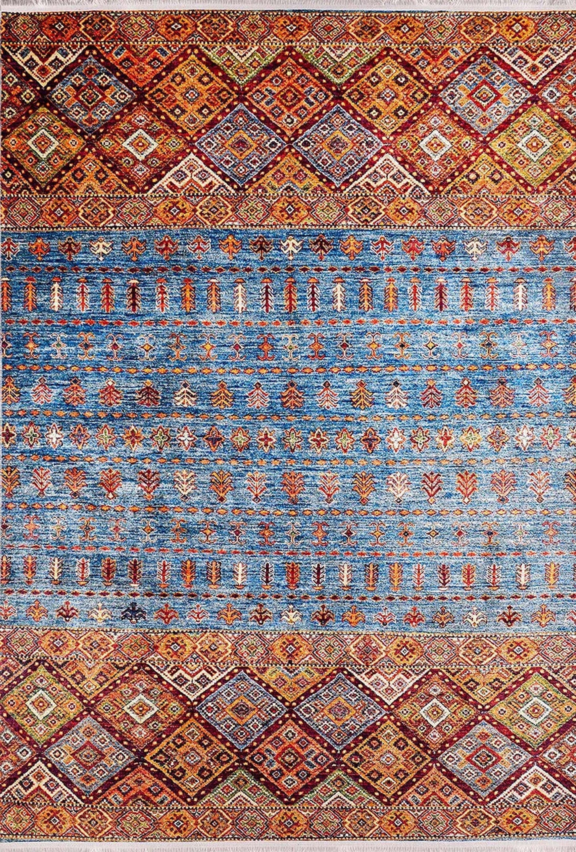 Turuncu Mavi Geometrik Desenli Anadolu Kilim Halı
