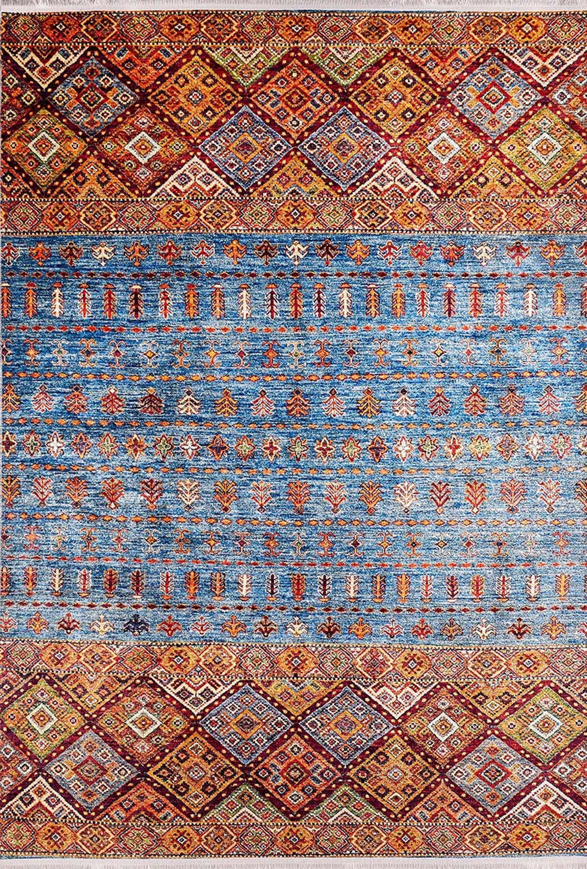 Turuncu Mavi Geometrik Desenli Anadolu Kilim Halı
