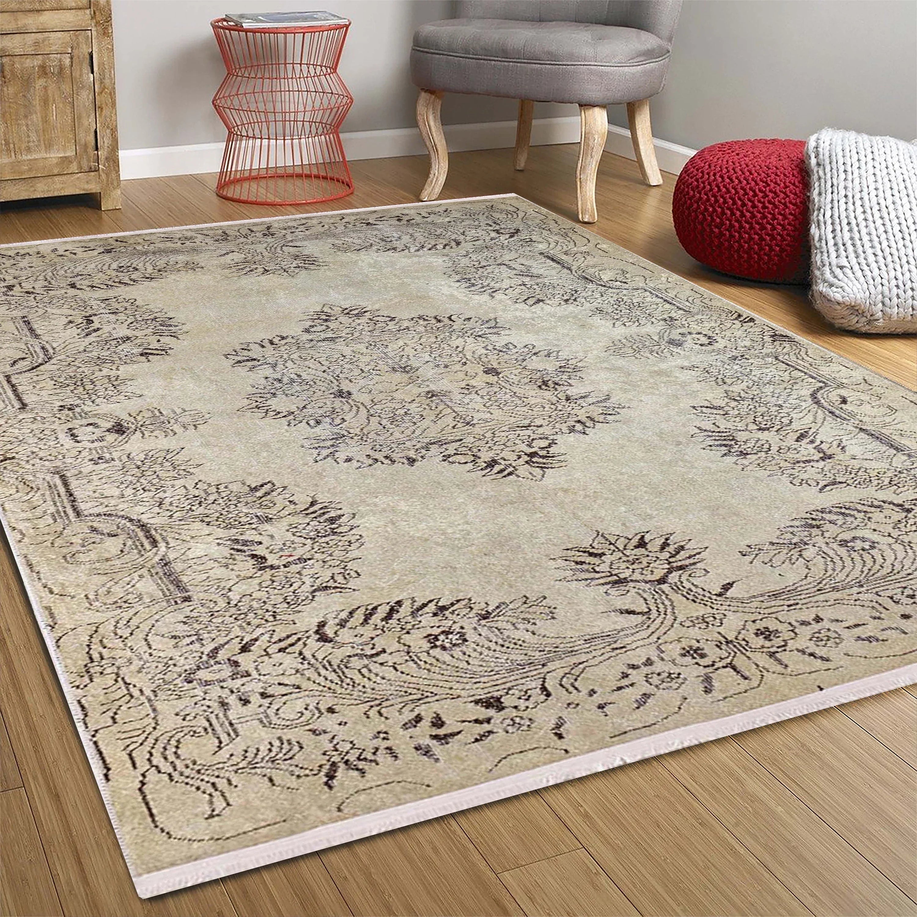 Vintage Eskitme Tarzı Madalyon Desenli Bej Halı