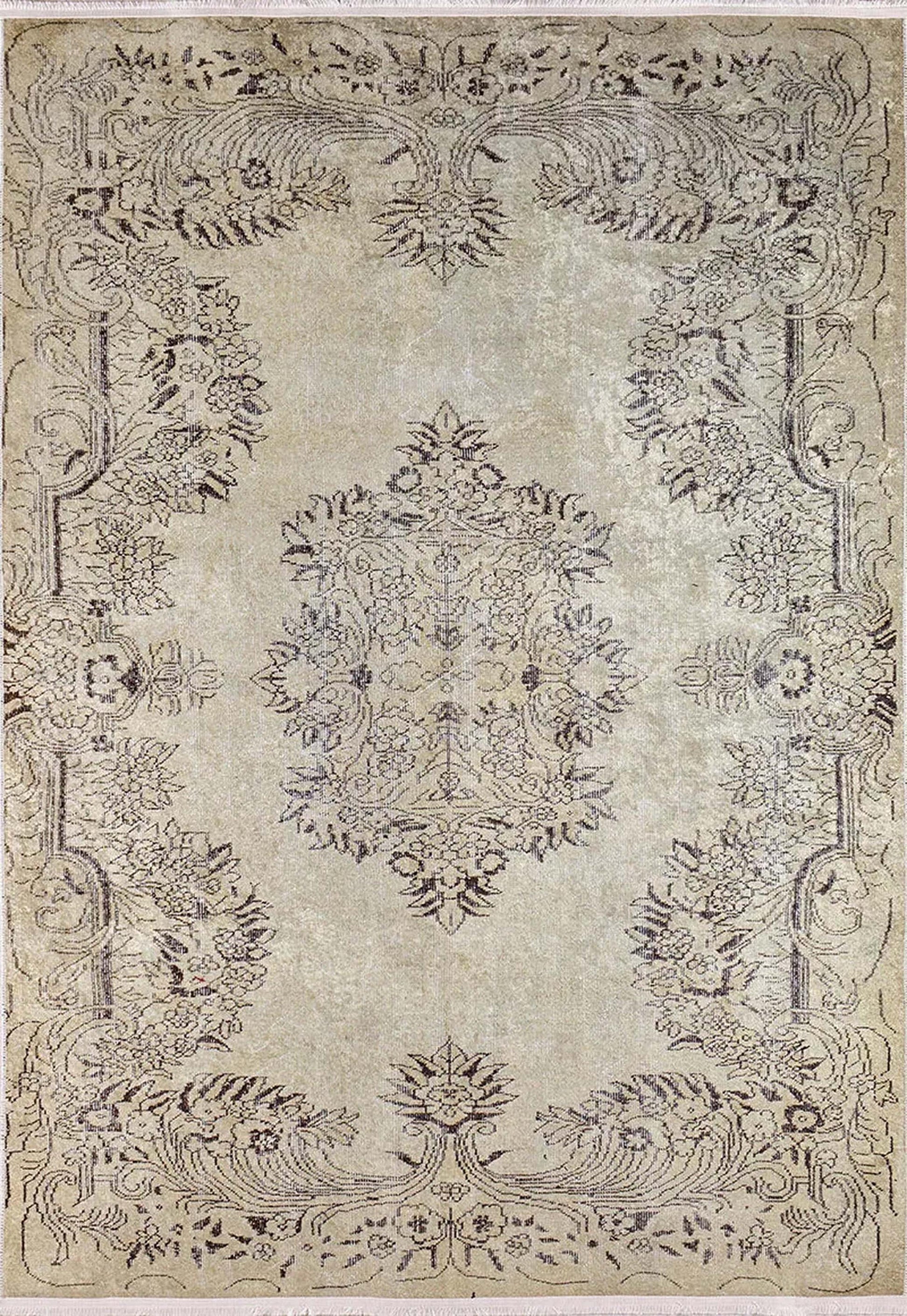 Vintage Eskitme Tarzı Madalyon Desenli Bej Halı - Pera Halı