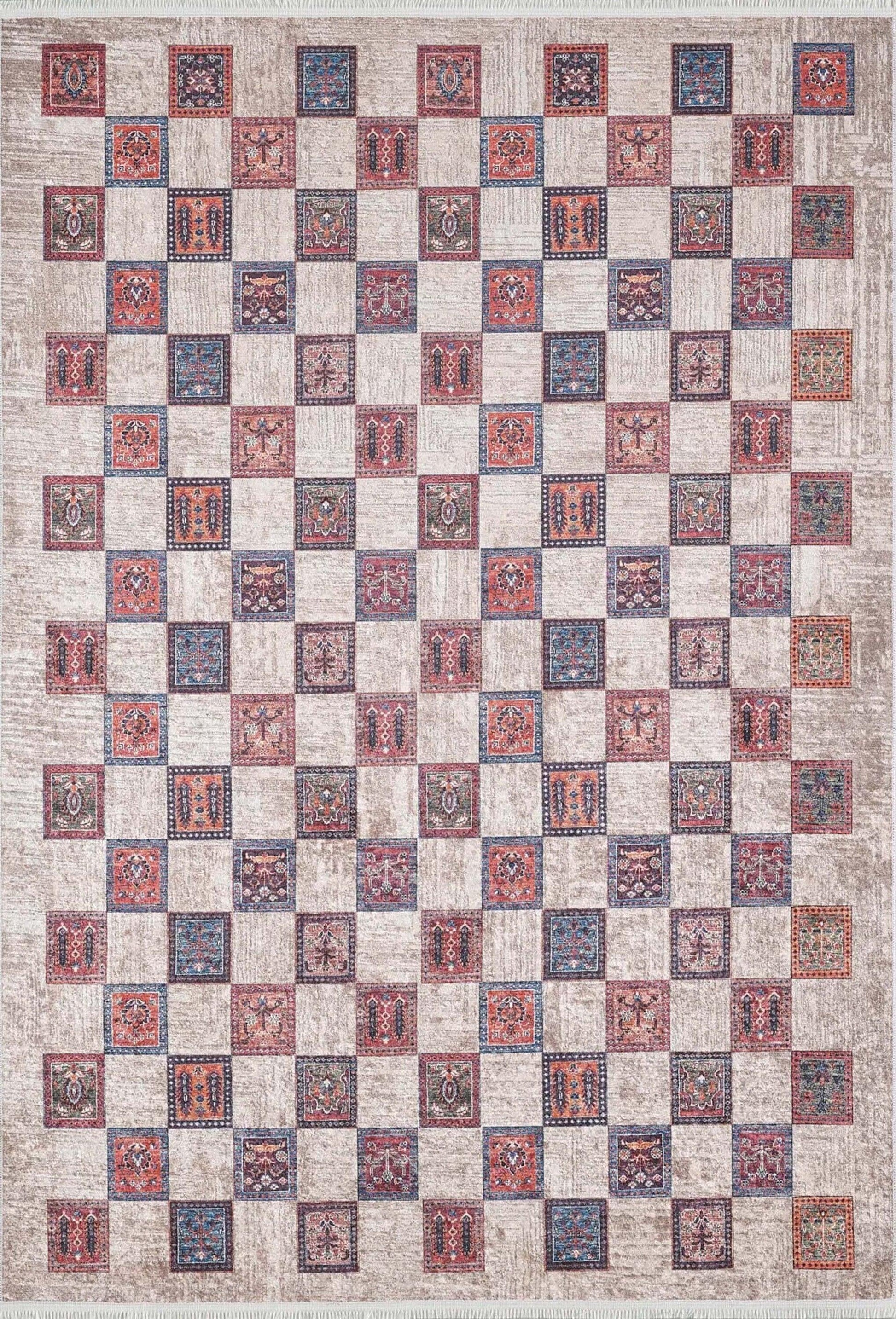 Bej Pembe Gri Geometrik Desenli Halı