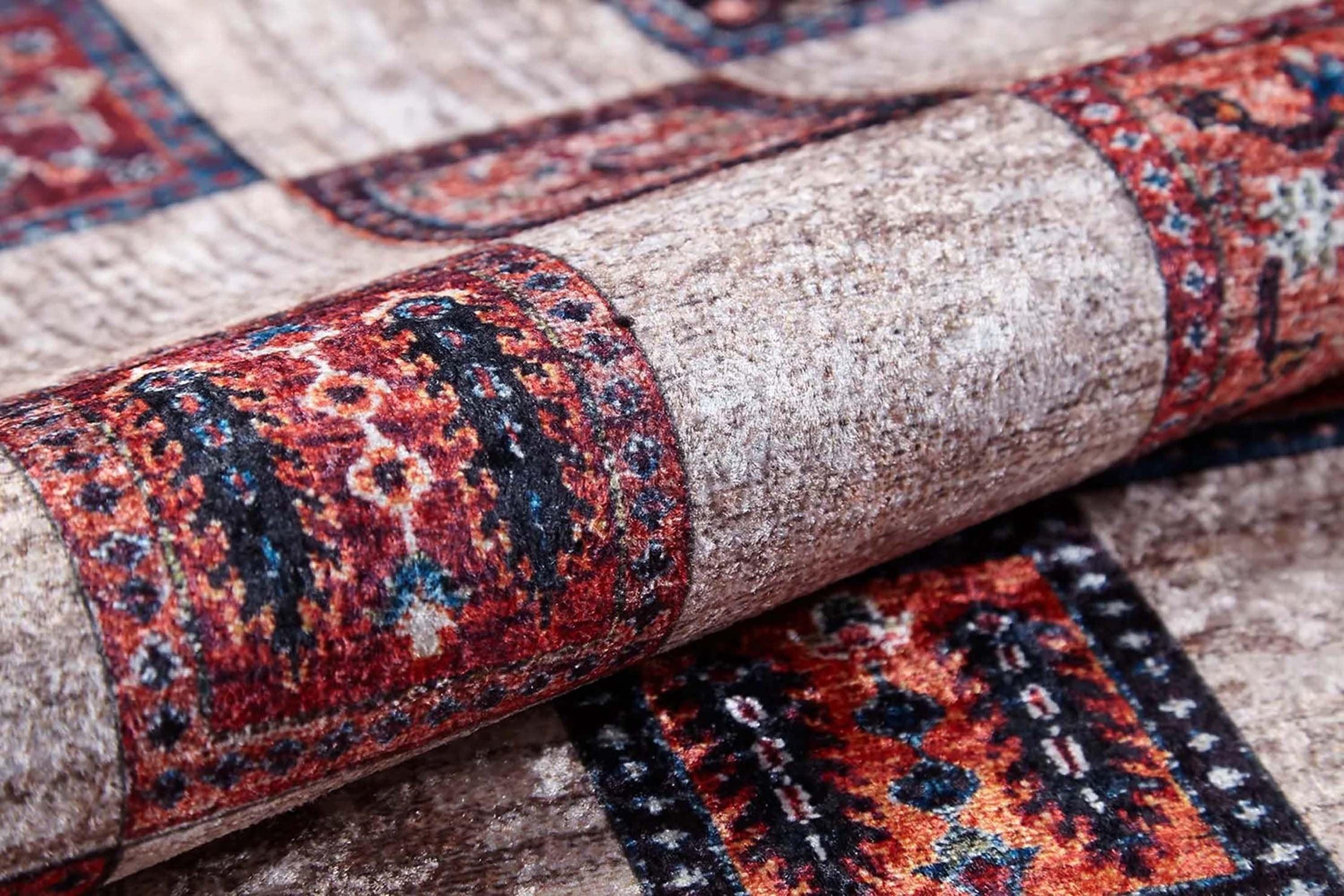 Bej Pembe Gri Geometrik Desenli Halı