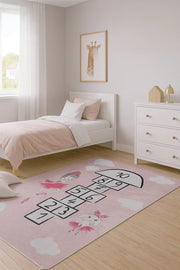 Pembe Seksek ve Balerin Desenli Yıkanabilir Çocuk Halısı